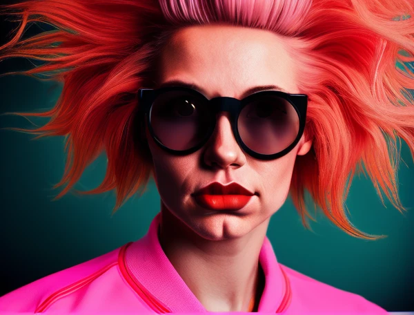 Steve from Aqua Hunger Force, Orange High Long spiked messy hair, Orange Eyewear, Pink lips, Dark Pink Tracksuit, Surrealism, By Travis Pyo William, 8k