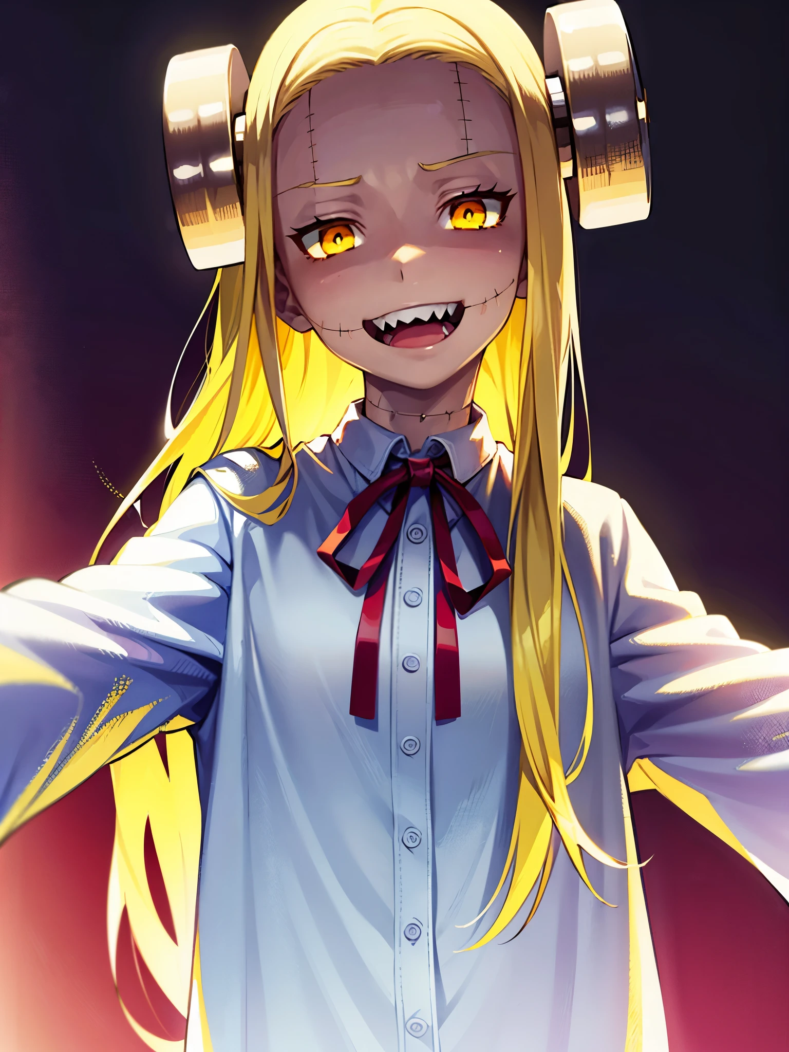 Fran,young woman,white robe ,costs,((He looks with disgust)),angry, long hair , yellow hair,seams , Scars on the body , (A creepy look) , scary eyes,sharp teeth ,(((creepy smile)))