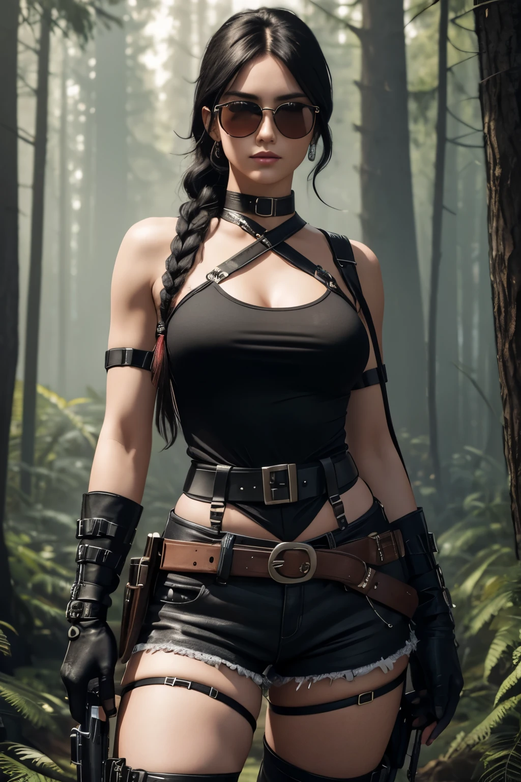 (masterpiece), best quality, hyper-maximalism, ultra detailed photorealistic of a realistic 25 year old stunning supermodel with a beautiful face, black straight hair in long 1single braid, red round sunglasses, wearing black tank top with harness belt,black shorts,black open-finger gloves,wide black belt with buckle,black high boots, two holsters with .38mm guns strapped to each thigh, posing for a photo with a whimsical forest in background, realistic 3D, high resolution,8k, final render