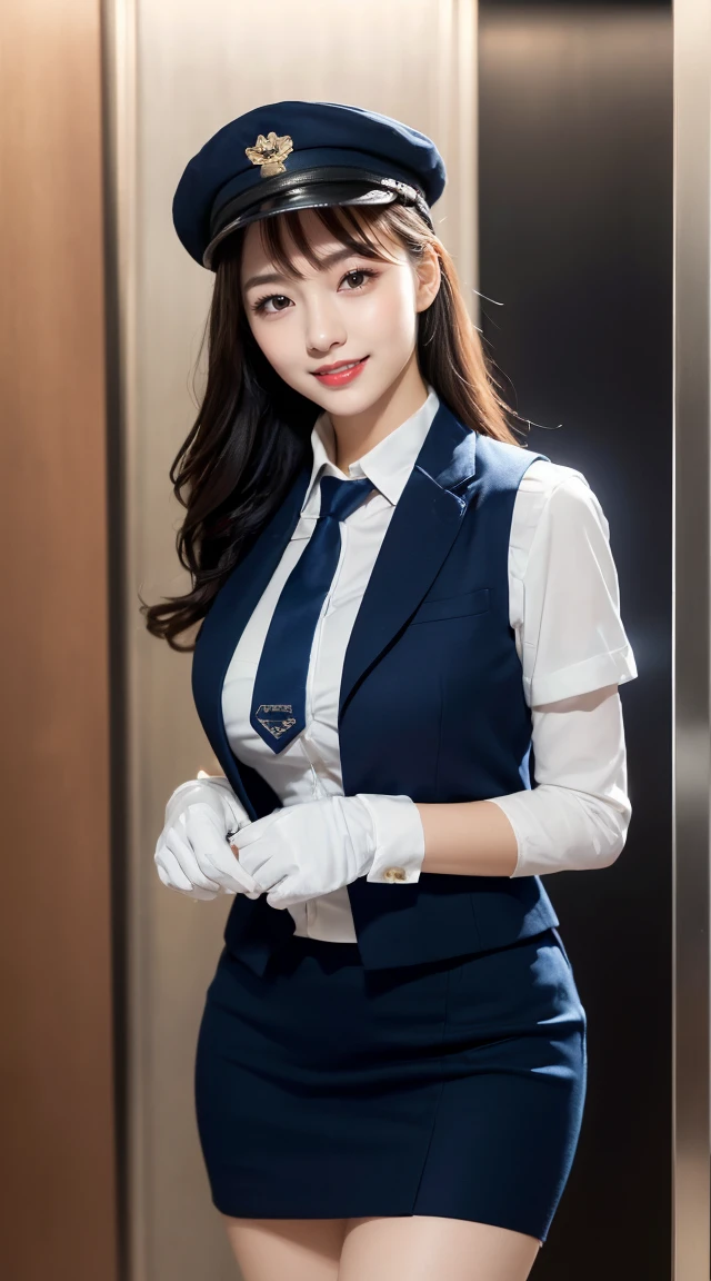 (((full body,including legs)))、(((perfect uniform of Japanese eletator operator, blue striped necktie, vest-dress uniform、small hat, white formal short gloves,(black high-heel), elavator operator,日本のエレベーターガール、little smile,white blouse,tight blouse)))、(((navy bowler hat),navy hat)), white gloves, short gloves, high heel、Dressed up、(Photo real:1.4)、(A hyper-realistic:1.4)、(Photorealistic:1.3)、 (gentle lighting: 1.05)、(Improve the lighting quality of your video:0.9)、32k、 1Girl、28years old girl、photorealistic lighting、Back lighting、Facial Lights、Ray Trace、(bright:1.2)、(Increase quality:1.4)、 (best quality real texture skin)、Fair eyes,Delicate and delicate face, Close-up of the breasts, white blouse,tight blouse,tight vest-dress uniform, (Bodyline mood improvement:1.1)、goofigure,Glossy skin、wavy hair,blonde hair,韓国アイドル、乃木坂アイドル、Sculptural Idol Pose、little smile,blush,Beautiful actress、Neat woman,whole body, (((midium breasts,beautiful breasts))),(perfect row of teeth),slender waist and hip,beautiful long legs,full shot)、((8heads tall)、(((誘惑している、恥ずかしい)))、dynamic pose,gravure pose,(((lift up one hand))),(eye shadow),((red cheek、red lips)),Super Clean Night View、night time、blush,little smile,(((full shot)))、(((in the big luxury elevator、wide elevator,The elevator interior in the background is luxurious, with mirrors and polished wood, and the lighting is soft and warm))),