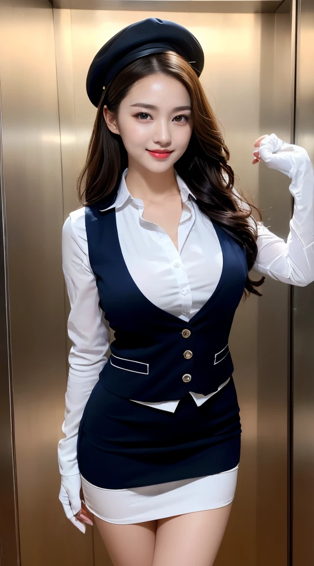 (((full body,including legs)))、(((perfect uniform of Japanese eletator operator, blue striped necktie, vest-dress uniform、small hat, white formal short gloves,(black high-heel),  elavator operator,日本のエレベーターガール、little smile,white blouse,tight blouse)))、(((navy bowler hat),navy hat)), white gloves, short gloves,  high heel、Dressed up、(Photo real:1.4)、(A hyper-realistic:1.4)、(Photorealistic:1.3)、 (gentle lighting: 1.05)、(Improve the lighting quality of your video:0.9)、32k、 1Girl、28years old girl、photorealistic lighting、Back lighting、Facial Lights、Ray Trace、(bright:1.2)、(Increase quality:1.4)、 (best quality real texture skin)、Fair eyes,Delicate and delicate face, Close-up of the breasts, white blouse,tight blouse,tight vest-dress uniform, (Bodyline mood improvement:1.1)、goofigure,Glossy skin、wavy hair,blonde hair,韓国アイドル、乃木坂アイドル、Sculptural Idol Pose、little smile,blush,Beautiful actress、Neat woman,whole body, (((midium breasts,beautiful breasts))),(perfect row of teeth),slender waist and hip,beautiful long legs,full shot)、((8heads tall)、(((誘惑している、恥ずかしい)))、dynamic pose,gravure pose,(((lift up one hand))),(eye shadow),((red cheek、red lips)),Super Clean Night View、night time、blush,little smile,(((full shot)))、(((in the big luxury elevator、wide elevator,The elevator interior in the background is luxurious, with mirrors and polished wood, and the lighting is soft and warm))),