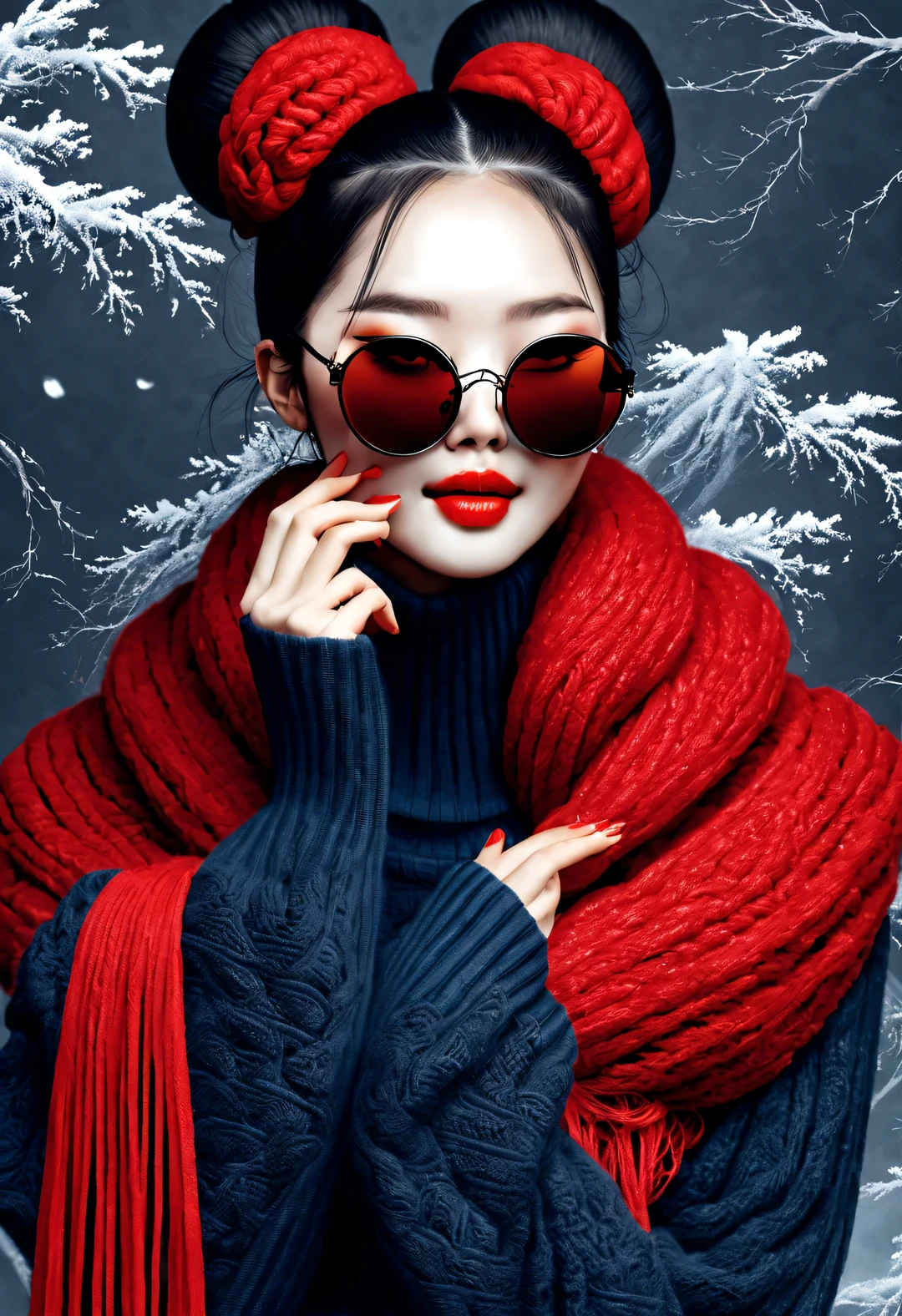 (Modern art fashion character design), Very unified CG, (Half-length close-up), Snowy background,
(A beautiful Chinese girl smiles tenderly and prays), (An exaggerated red wide woolen scarf covered half of her face: 1.1), (Wearing black sunglasses，Comb your hair in a bun: 1.2), Harmonious combination of classic and modern, (Dark blue sweater jacket), Girl fair and flawless smooth skin, high nose bridge, Head up posture, sad yet beautiful, slender figure, Exquisite facial features, swirling fog illustration, ink painting, black hair, meatball, Proud, Surrealism, contemporary art photography, action painting illustration, abstract expressionism, Pixar, depth of field, motion blur, backlight, radiation, decline, Head up angle, Sony FE General Manager, ultra high definition, masterpiece, accurate, textured skin, Super details, high detail, high quality, Award-winning, best quality, Level, 16k, Photographed from a bottom-up perspective, interesting,