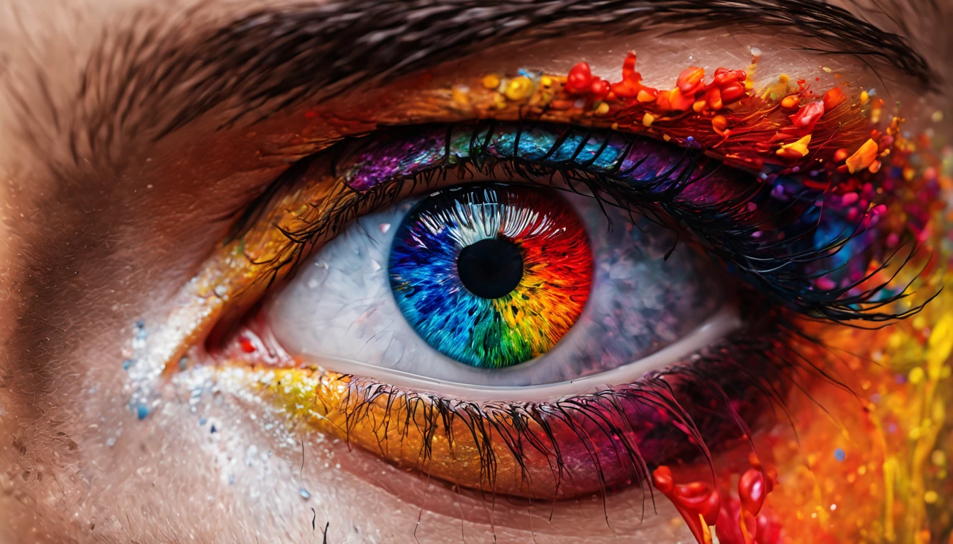 brightly colored eye with multicolored paint splashs on it, a hyperrealistic painting by Zahari Zograf, trending on pexels, hyperrealism, colorful 8 k, colorful eyes, detailed painting 4 k, colorful 4k, eyes are rainbow spirals, colourful close up shot, eyes are colorful spirals, beautiful art uhd 4 k