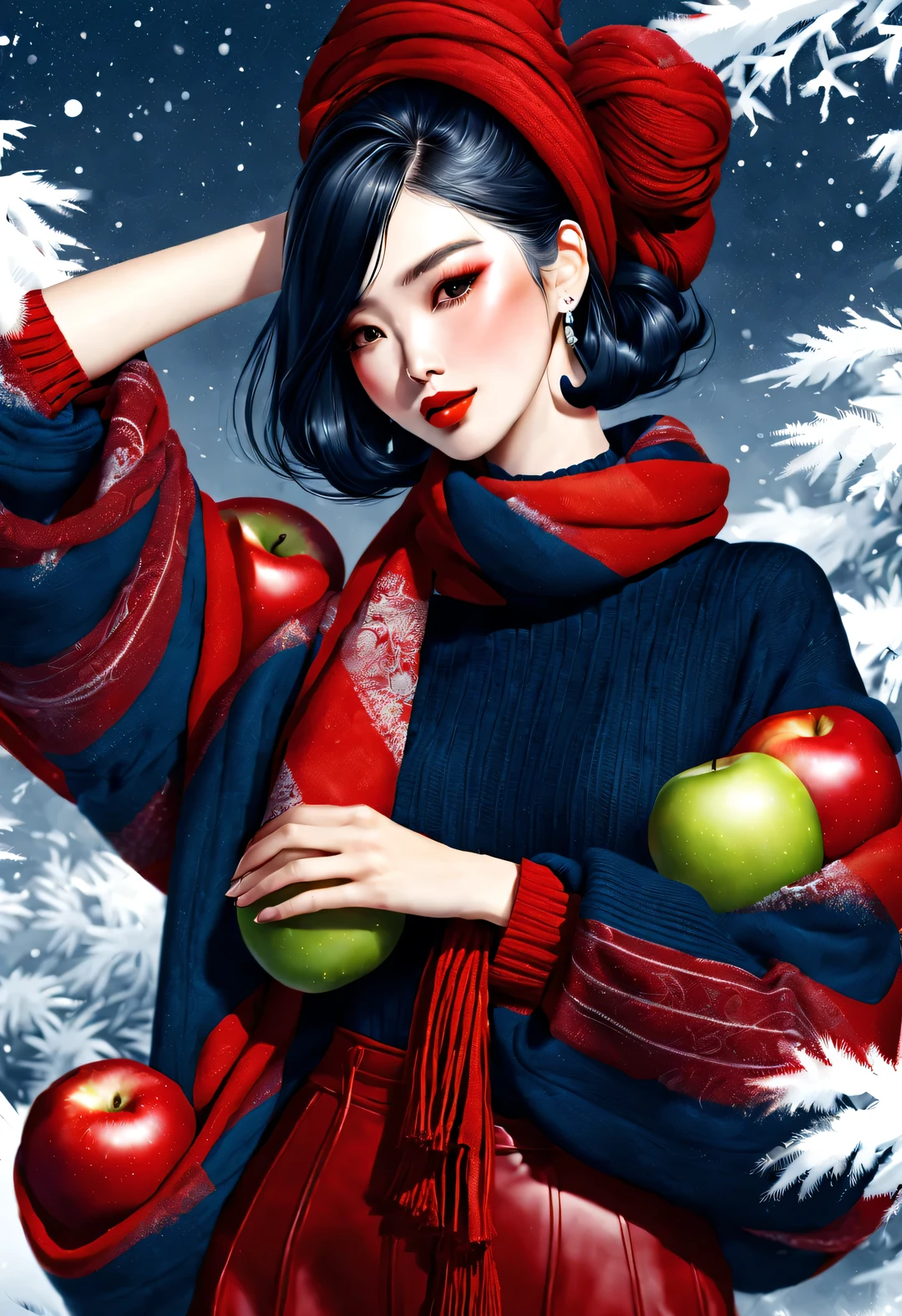 (Modern art fashion character design), Very unified CG, (Half-length close-up), Snowy background,
(A beautiful Chinese girl holds a big apple，Smile gently ）, (An exaggerated red wide woolen scarf covered half of her face: 1.1), (Wearing large sunglasses，Comb your hair in a bun: 1.2), Harmonious combination of classic and modern, (Dark blue sweater), Girl fair and flawless smooth skin, high nose bridge, Raised pose, sad yet beautiful, slender figure, Exquisite facial features, swirling fog illustration, ink painting, black hair, meatball, Proud, Surrealism, contemporary art photography, action painting illustration, abstract expressionism, Pixar, depth of field, motion blur, backlight, radiation, decline, Head up angle, Sony FE General Manager, ultra high definition, masterpiece, accurate, textured skin, Super details, high detail, high quality, Award-winning, best quality, Level, 16k, Photographed from a bottom-up perspective, interesting,