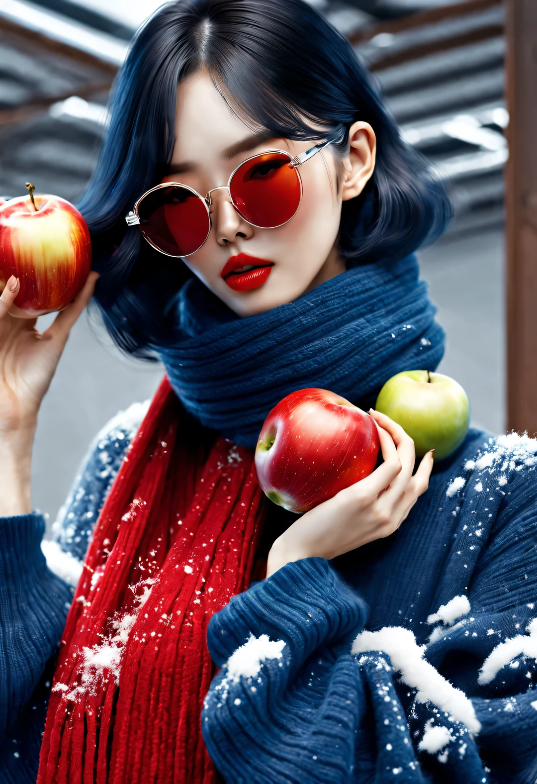 (Modern art fashion character design), Very unified CG, (Half-length close-up), Snowy background,
(A beautiful Chinese girl holds a big apple,Smile gently ), (An exaggerated red wide woolen scarf covered half of her face: 1.1), (Wearing large sunglasses,Comb your hair in a bun: 1.2), Harmonious combination of classic and modern, (Dark blue sweater), Girl fair and flawless smooth skin, high nose bridge, Raised pose, sad yet beautiful, slender figure, Exquisite facial features, swirling fog illustration, ink painting, black hair, meatball, Proud, Surrealism, contemporary art photography, action painting illustration, abstract expressionism, Pixar, depth of field, motion blur, backlight, radiation, decline, Head up angle, Sony FE General Manager, ultra high definition, masterpiece, accurate, textured skin, Super details, high detail, high quality, Award-winning, best quality, Level, 16k, Photographed from a bottom-up perspective, interesting,