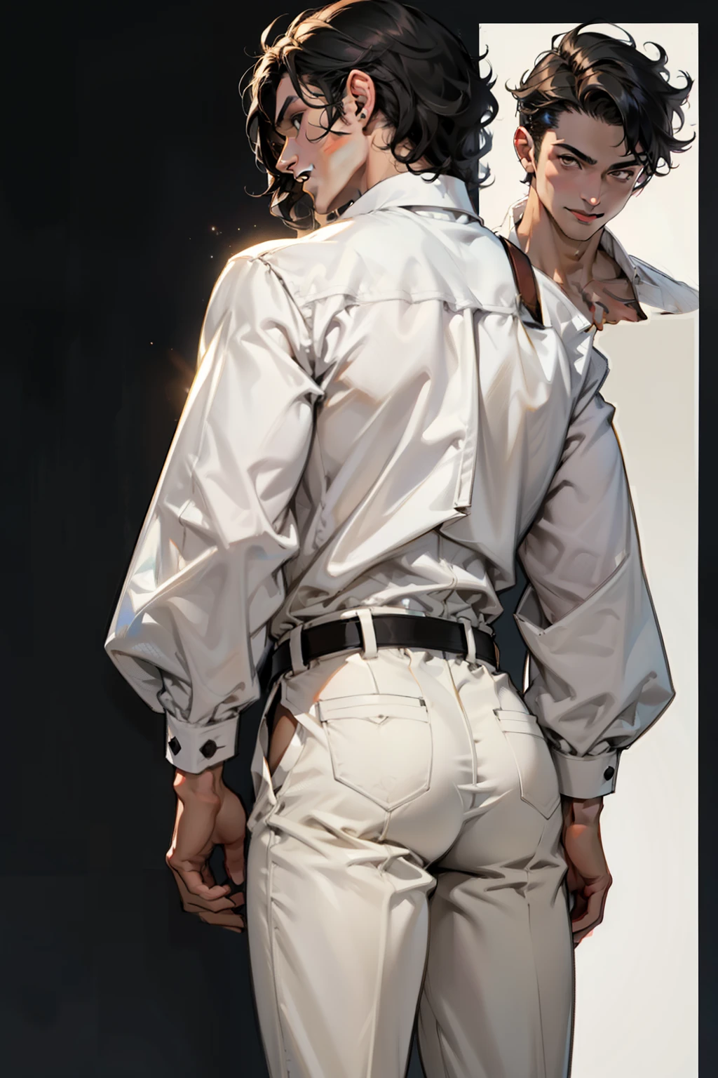 light-skinned man 30 years old, male, Brown eyes, Black hair, long hair, curly hair, anime style, 4K image, whole body, Holographic background, Character Sheet, Handsome male. sharp face, Male 20-25 years old, height 165 centimeters. Black hair. curly hair. black lipstick. Slim body. Character Design Sheet,whole bodyesbian, Full of details, body front view, Rear view of the body, white aristocratic shirt, brown pantsuit, time, Detailed face, Character Design Sheet whole bodyesbian, Full of details, Front view of the body, back view of the body, very detailed, Depth, middle ages clothing, black lipstick на губах, black lips, smile,