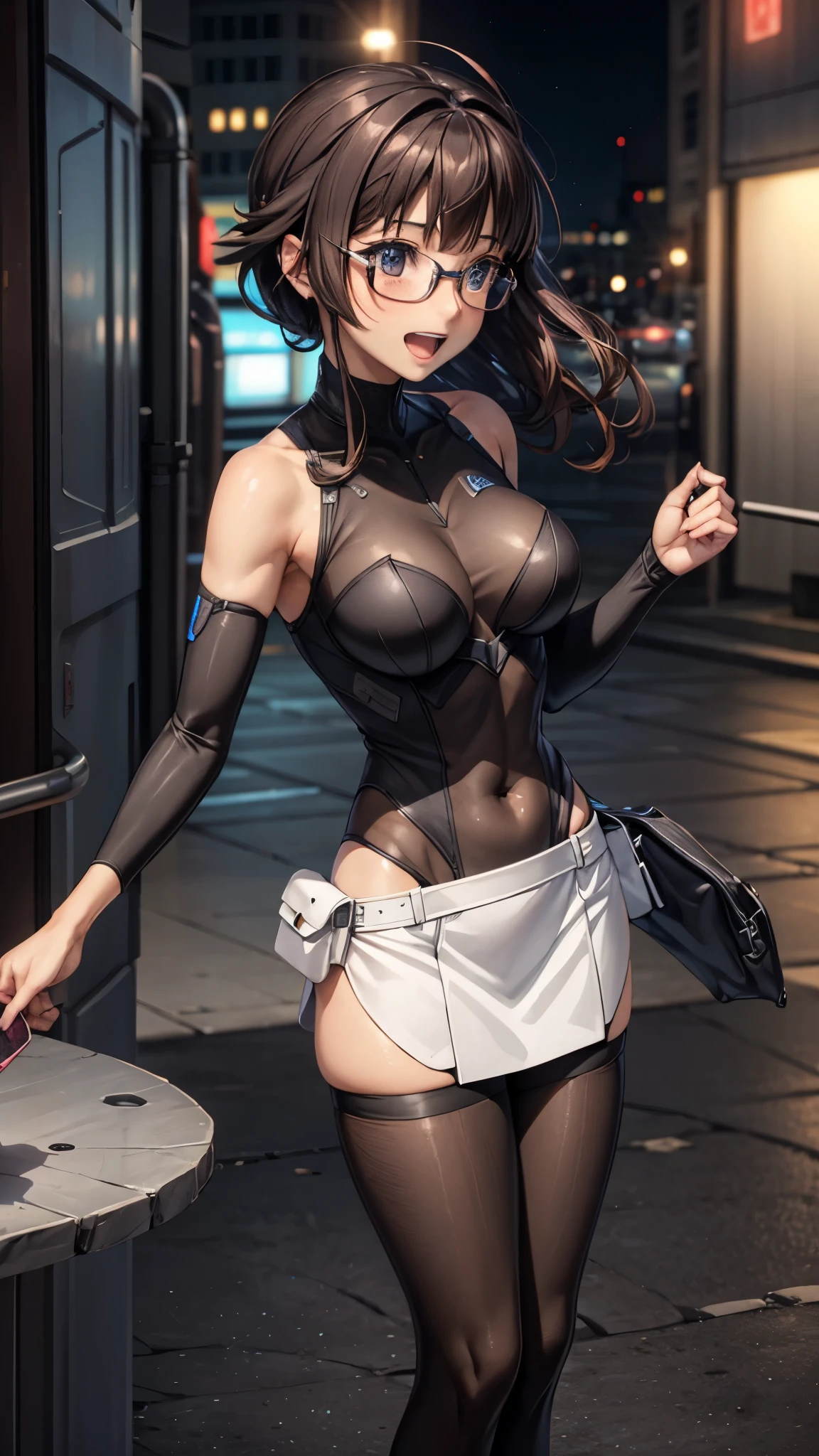 woman,************,,city,night,white tight miniskirt bodysuit,(Harada Makoto),open mouth smile((See-through)),((Baby girl body shape)),glasses,long hair