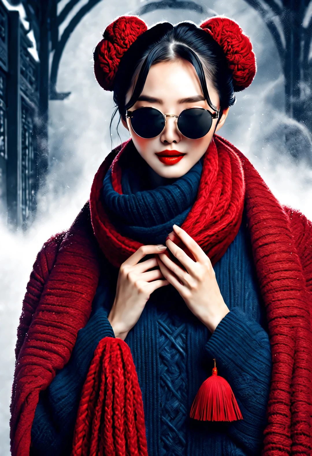 (Modern art fashion character design), Very unified CG, (Half-length close-up), Snowy background,
(A beautiful Chinese girl smiles tenderly and prays), (An exaggerated red wide woolen scarf covered half of her face: 1.1), (Wearing black sunglasses，Comb your hair in a bun: 1.2), Harmonious combination of classic and modern, (Dark blue sweater jacket), Girl fair and flawless smooth skin, high nose bridge, Head up posture, sad yet beautiful, slender figure, Exquisite facial features, swirling fog illustration, ink painting, black hair, meatball, Proud, Surrealism, contemporary art photography, action painting illustration, abstract expressionism, Pixar, depth of field, motion blur, backlight, radiation, decline, Head up angle, Sony FE General Manager, ultra high definition, masterpiece, accurate, textured skin, Super details, high detail, high quality, Award-winning, best quality, Level, 16k, Photographed from a bottom-up perspective, interesting,