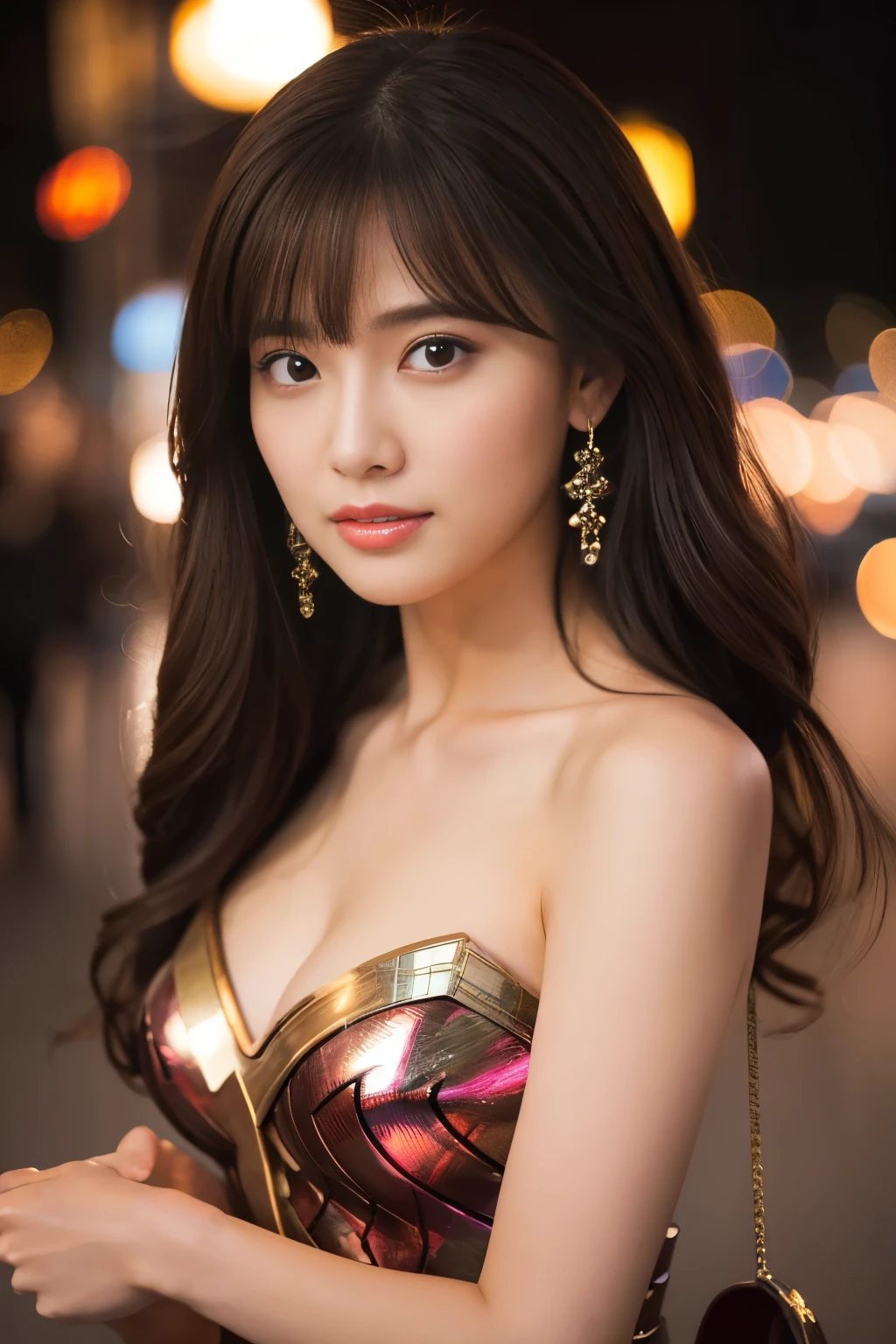 masterpiece、1 beautiful girl、fine eyes、puffy eyes、highest quality, 超High resolution, (reality: 1.4), movie lighting、Japanese、asian beauty、Korean、super beautiful、beautiful skin、body facing forward、close up of face、(超reality的な)、(High resolution)、(8K)、(very detailed)、(美しくfine eyes)、(Super detailed)、 (wall-)、detailed face、bright lighting、professional lighting、looking at the viewer、look straight ahead、slanted bangs、night view、brown hair、Nogizaka idol、korean idol、fiery idol pose、、25 years old、wonder woman cosplay