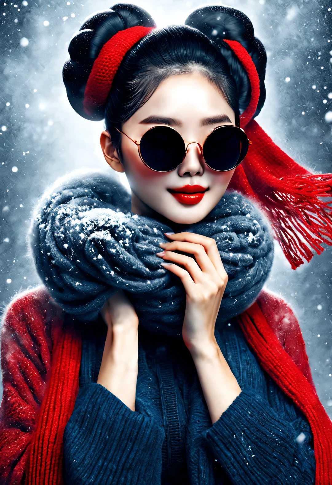 (Modern art fashion character design), Very unified CG, (Half-length close-up), Snowy background,
(A beautiful Chinese girl smiles tenderly and prays), (An exaggerated red wide woolen scarf covered half of her face: 1.1), (Wearing black sunglasses,Comb your hair in a bun: 1.2), Harmonious combination of classic and modern, (Dark blue sweater jacket), Girl fair and flawless smooth skin, high nose bridge, Head up posture, sad yet beautiful, slender figure, Exquisite facial features, swirling fog illustration, ink painting, black hair, meatball, Proud, Surrealism, contemporary art photography, action painting illustration, abstract expressionism, Pixar, depth of field, motion blur, backlight, radiation, decline, Head up angle, Sony FE General Manager, ultra high definition, masterpiece, accurate, textured skin, Super details, high detail, high quality, Award-winning, best quality, Level, 16k, Photographed from a bottom-up perspective, interesting,