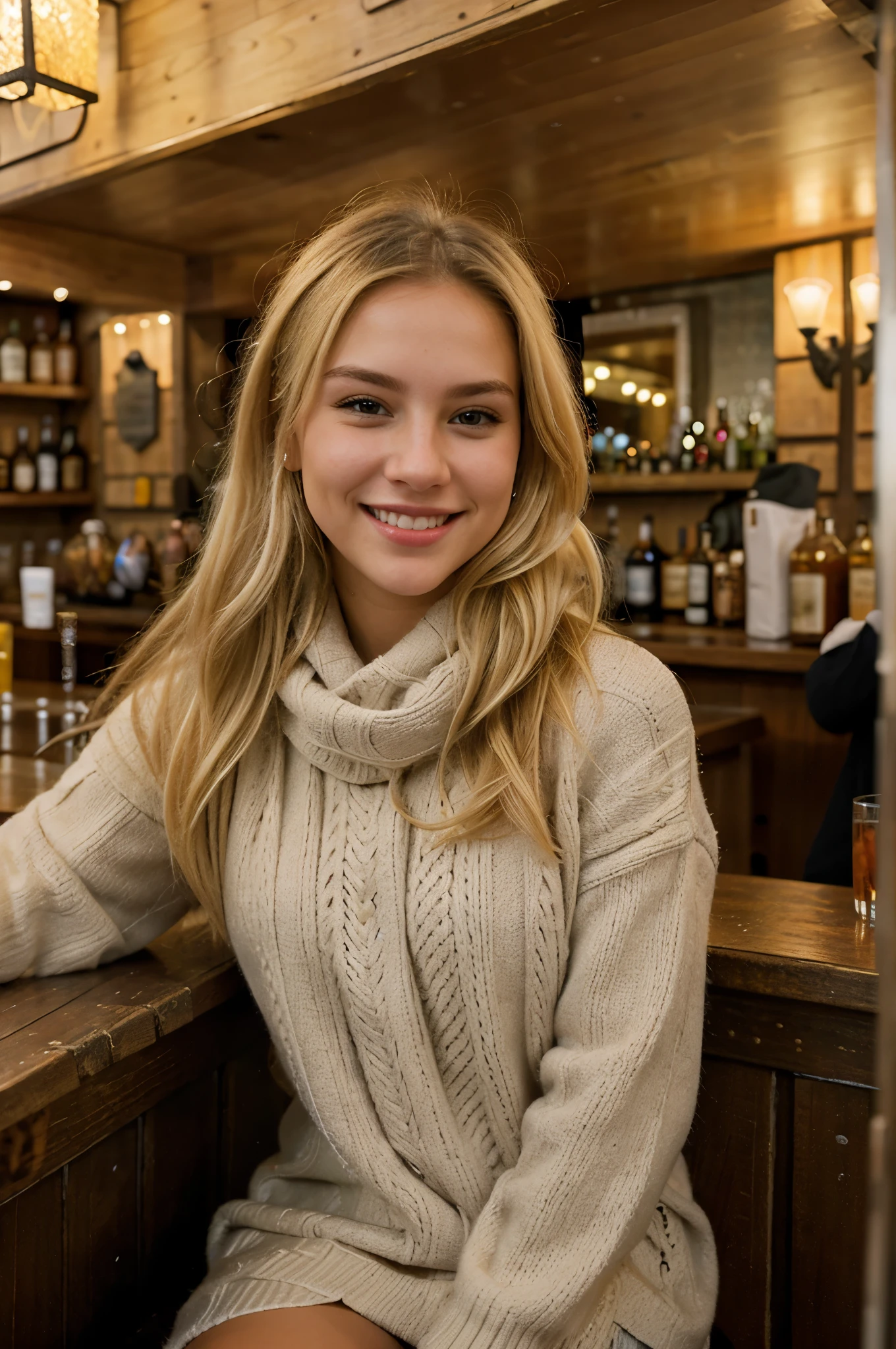 a photorealistic photo of a beautiful girl, blonde hair, sitting at a bar, wearing a winter outfit, hyperrealistic, winter, detailed skin, brown eyes, smiling, pretty, selfie, dynamic pose, wearing gloves
