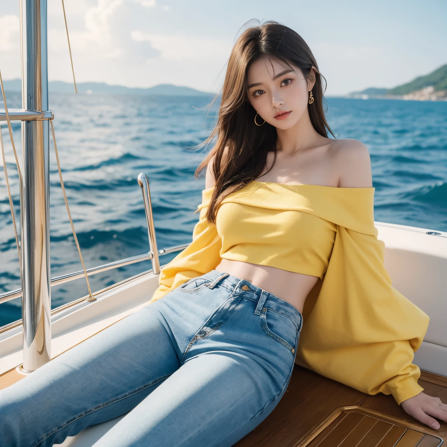 Highest image quality,highest quality,best quality,masterpiece,4k,8k,japanese girl,gorgeous girl,Ship sailing, On a yacht, Beautiful background,yellow off shoulder bare top,jeans fashion,The background is a beautiful sea,