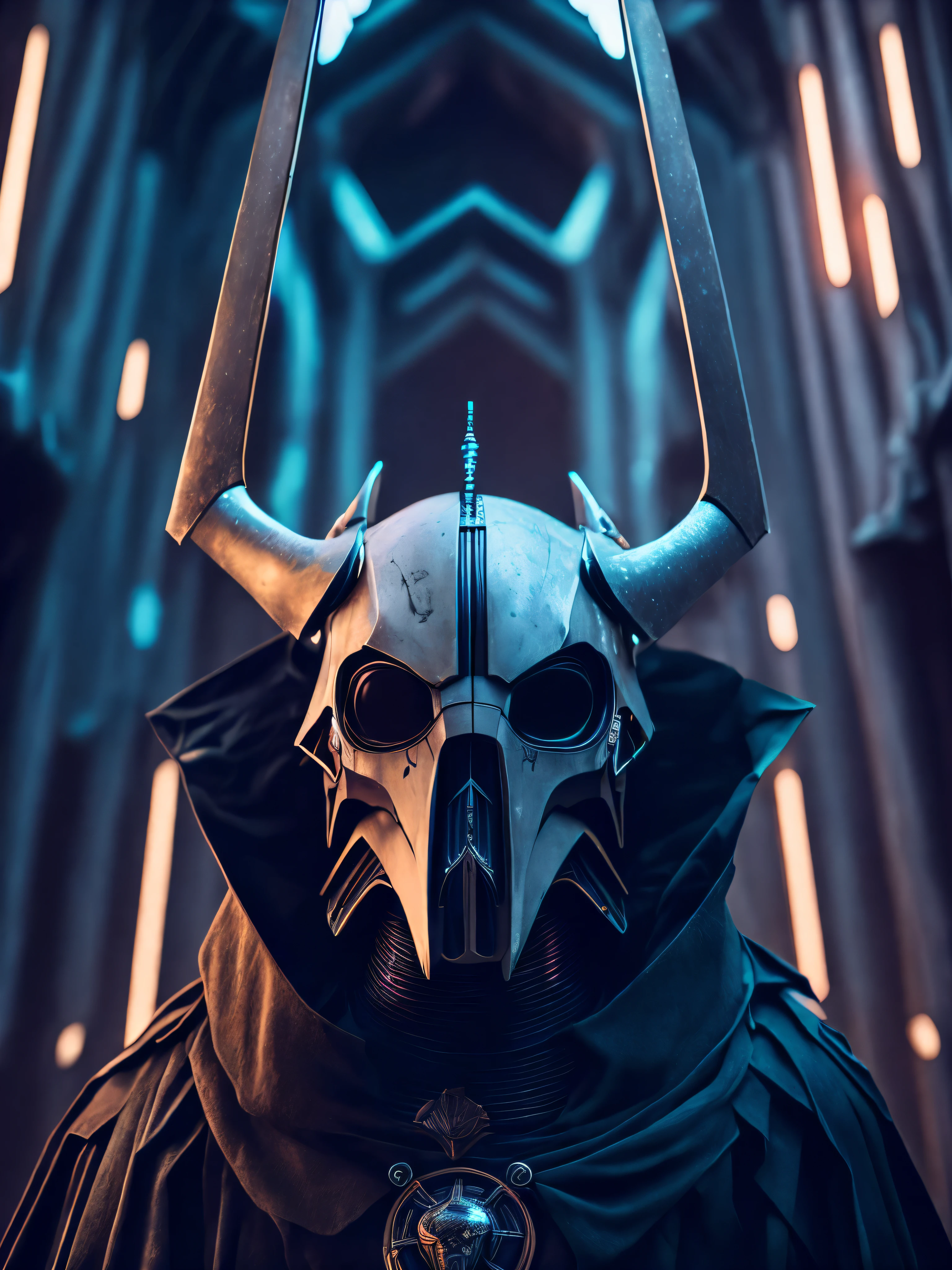 a somber portrait of General Grievous wearing a wild bull head skull from Star Wars with intricate angular cybernetic implants inside a brutalist building, a gothic brutalist cathedral, cyberpunk, award-winning photos, bokeh, neon lights, cybernetic limb
