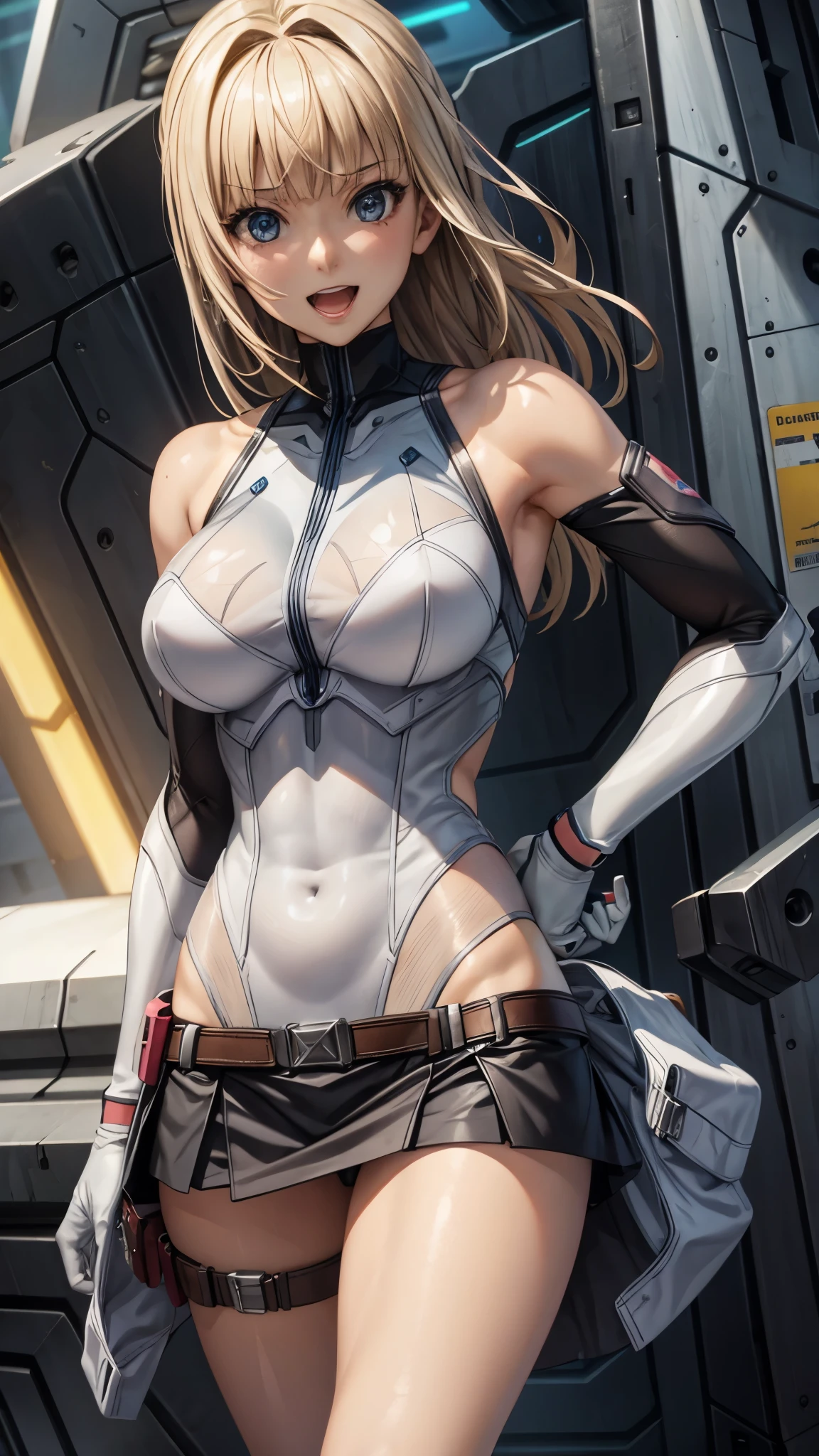 woman,20-year-old,,city,night,((white tight miniskirt bodysuit)),(Harada Makoto),open mouth smile,((See-through)),((blonde)),long hair