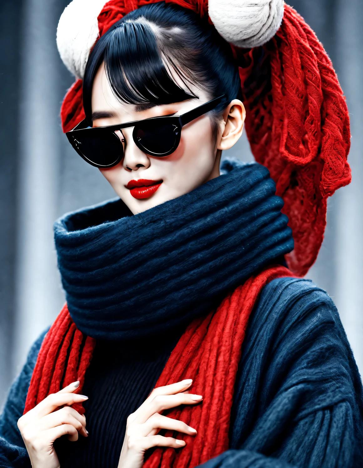 (Modern art fashion character design), Very unified CG, (Half-length close-up), Snowy background,
(A beautiful Chinese girl smiles tenderly and prays), (An exaggerated red wide woolen scarf covered half of her face: 1.1), (Wearing black sunglasses，Comb your hair in a bun: 1.2), Harmonious combination of classic and modern, (Dark blue sweater jacket), Girl fair and flawless smooth skin, high nose bridge, Head up posture, sad yet beautiful, slender figure, Exquisite facial features, swirling fog illustration, ink painting, black hair, meatball, Proud, Surrealism, contemporary art photography, action painting illustration, abstract expressionism, Pixar, depth of field, motion blur, backlight, radiation, decline, Head up angle, Sony FE General Manager, ultra high definition, masterpiece, accurate, textured skin, Super details, high detail, high quality, Award-winning, best quality, Level, 16k, Photographed from a bottom-up perspective, interesting,