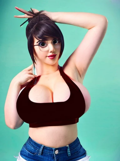wearing a crop top with large underboob and short shorts, mei, brown eyes, hair bun,
