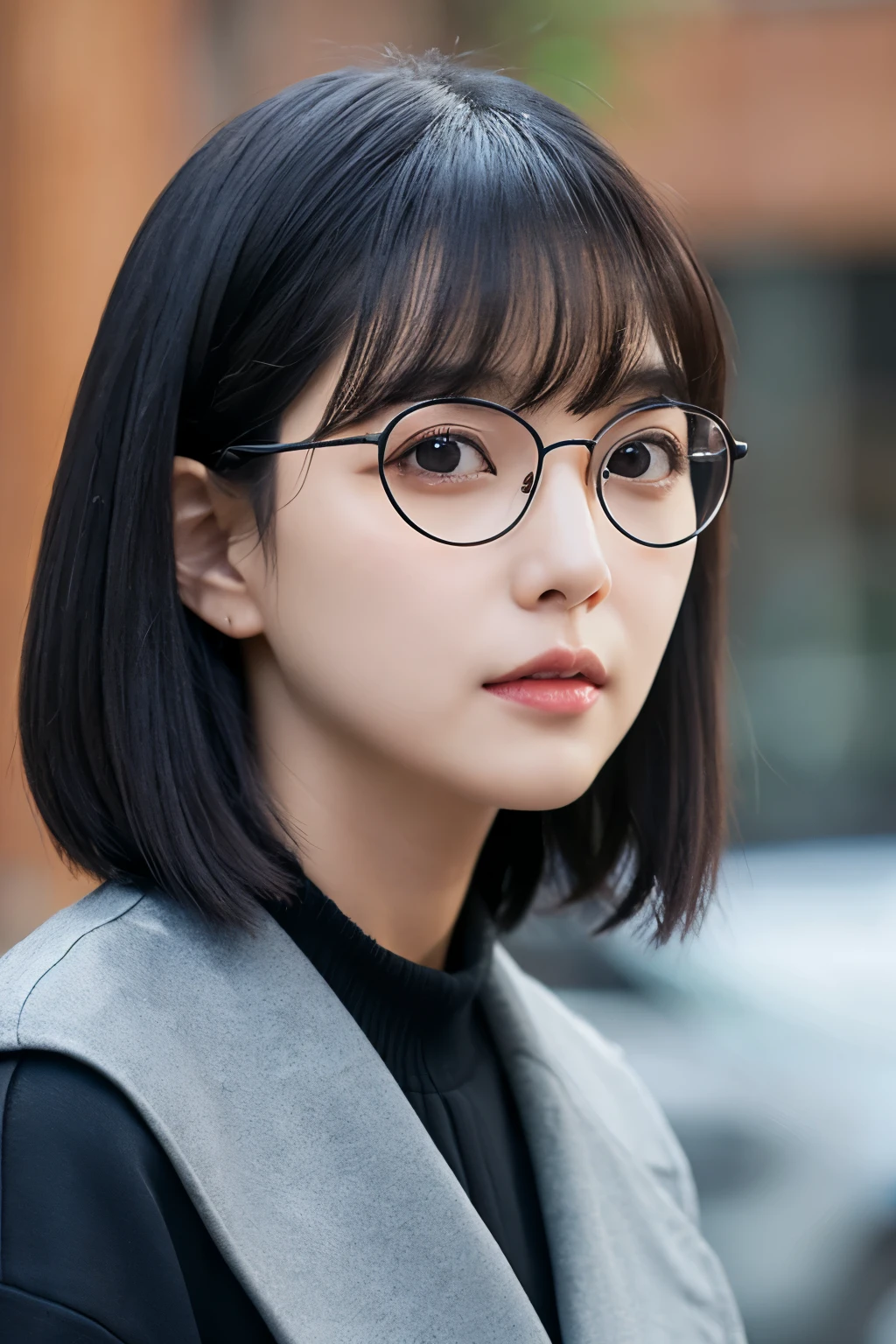thin face　bob　black hair　black rim glasses