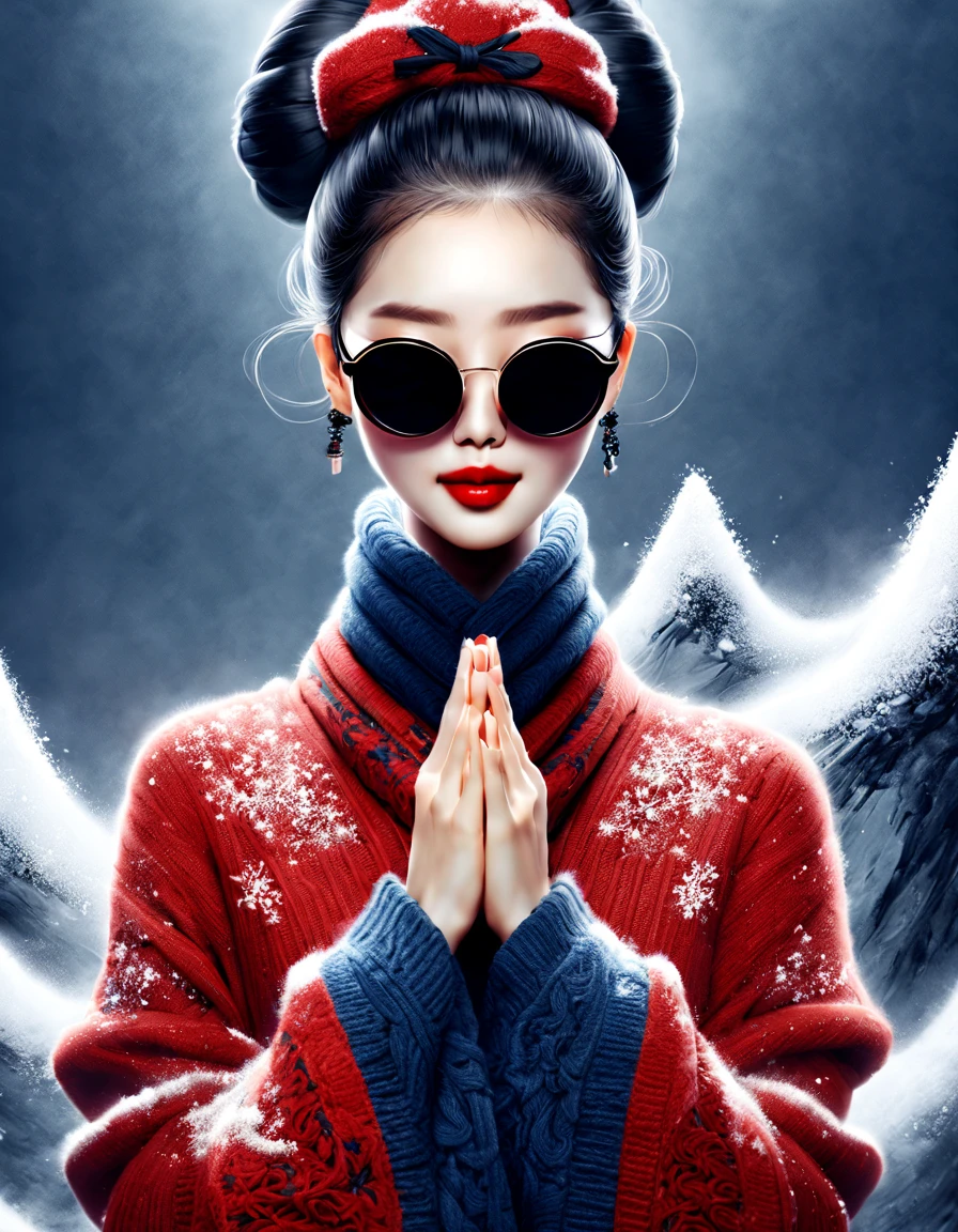 (Modern art fashion character design), very unified CG, (half body close-up), background of drifting snow, snowfall,
(A beautiful Chinese girl with a gentle smile and hands clasped in prayer), (a red exaggerated and wide woolen scarf covering half of her face: 1.1), (wearing black sunglasses and combing a bun head: 1.2), a harmonious combination of classic and modern, (a dark blue sweater coat), the girl's fair and flawless smooth skin, high nose bridge, head up posture, sad and beautiful, slender figure, exquisite facial features, rotating mist illustrations, ink painting, black hair, bun head, tsundere, surrealism, contemporary art photography, illustrated action painting, abstract expressionism, Pixar, depth of field, motion blur. Backlight, radiation, fading, head up angle, Sony FE GM, UHD, masterpiece, precision, textured skin, super detail, high detail, high quality, award winning, best quality, high level, 16k, shot from a bottom-up perspective, funny,