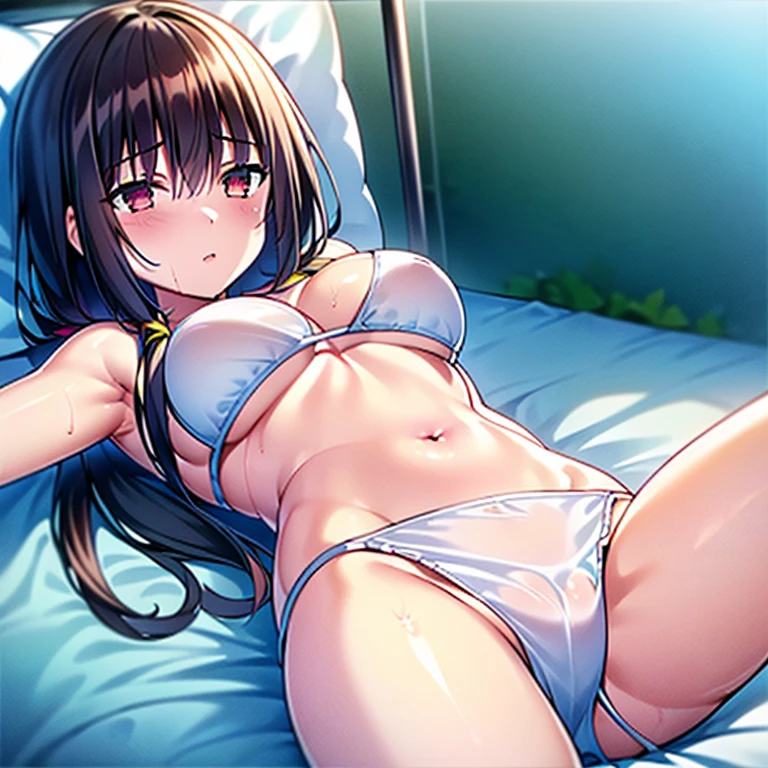 (masterpiece, best quality）a girl，white bikini，lying on white bed，spread legs，detail，soaking wet，get wet，blush，Awkward，Fear，Different pupils，wearing a skirt