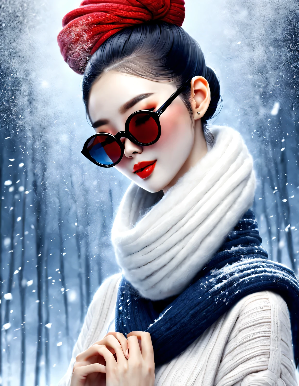 (Modern art fashion character design), Very unified CG, (Half-length close-up), (Beautiful Chinese girl is like a warm lunch box), (Wrapped in a wide woolen scarf: 1.3), (Wearing large sunglasses: 1.3), and (meatball head: 1.2), a harmonious combination of classic and modern, (Dark Blue Sweater and Jeans: 0.68), Modern and stylish clothing, Elegance, the girl's fair and flawless smooth skin, high nose bridge, and head up posture, Sad and beautiful, slender figure, Exquisite facial features, swirling fog illustration, ink painting, black hair, meatball head, Proud, Surrealism, contemporary art photography, action painting illustration, abstract expressionism, Pixar, depth of field, motion blur, backlight, radiation, decline, Head up angle, Sony FE General Manager, ultra high definition, masterpiece, accurate, textured skin, Super details, high detail, high quality, Award-winning, best quality, Level, 16k, Photographed from a bottom-up perspective, humor,