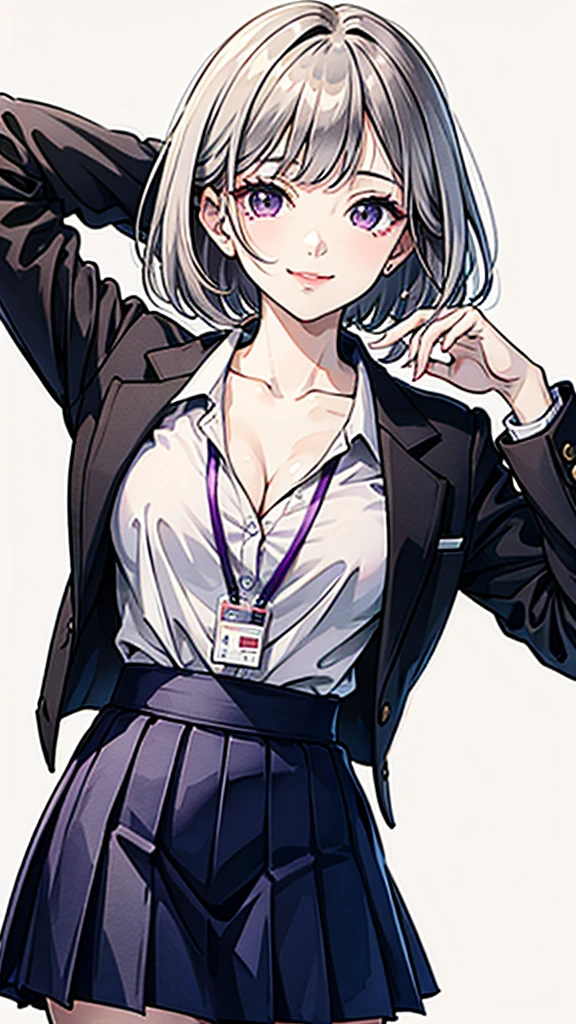 the Extremely Detailed CG Unity 8K Wallpapers，tmasterpiece，Best picture quality，1girl, mature female,bandaged neck, breasts, purple shirt, solo, bandages, purple eyes, shirt, skirt, cleavage, looking at viewer, formal, suit, jacket, bangs, large breasts, smile, white skirt, short hair, arms behind back, collarbone, white suit, closed mouth, white jacket, standing, collared shirt, id card, skirt suit, simple background, lips, white background, grey hair, open clothes, medium hair, blazer, office lady