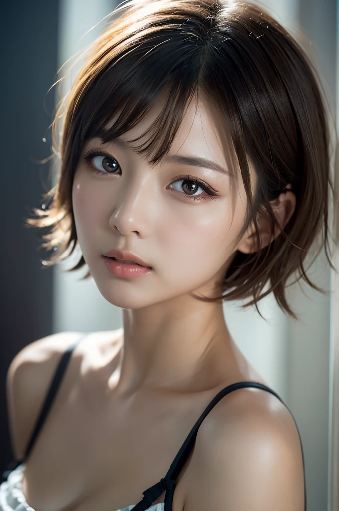 1 girl, (((short hair))), Bright cheongsam, mini dress、(masterpiece, highest quality, law of near and far), beautiful expression, 8K, Raw photo, nffsw, Photoreal, film grain, chromatic aberration, High resolution, super detailed, finely, dynamic lighting, dramatic lighting、shadowy、highly detailed eyes and face、