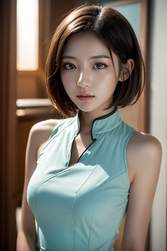 1 girl, (((short hair))), Bright cheongsam, mini dress、(masterpiece, highest quality, law of near and far), beautiful expression, 8K, Raw photo, nffsw, Photoreal, film grain, chromatic aberration, High resolution, super detailed, finely, dynamic lighting, dramatic lighting、shadowy、highly detailed eyes and face、