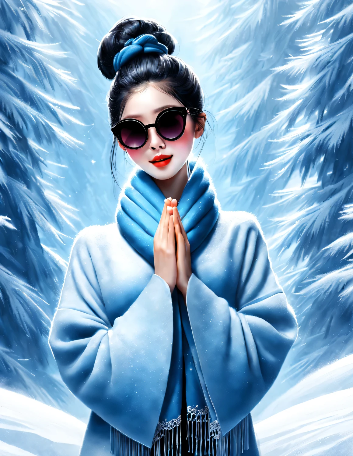 (Modern art fashion character design), Very unified CG, (Half-length close-up), falling snow background, snowfall,
(a beautiful chinese girl，With a gentle smile，Praying with hands together), (A very exaggerated one、A large royal blue woolen scarf covered half of her face: 1.1), (Wearing black sunglasses，Comb your hair in a bun: 1.2), Harmonious combination of classic and modern, (pink sweater and jacket: 0.65), Girl fair and flawless smooth skin, high nose bridge, Raised pose, sad yet beautiful, slender figure, Exquisite facial features, swirling fog illustration, ink painting, black hair, meatball, Proud, Surrealism, contemporary art photography, action painting illustration, abstract expressionism, Pixar, depth of field, motion blur, backlight, radiation, decline, Head up angle, Sony FE General Manager, ultra high definition, masterpiece, accurate, textured skin, Super details, high detail, high quality, Award-winning, best quality, Level, 16k, Photographed from a bottom-up perspective, interesting,