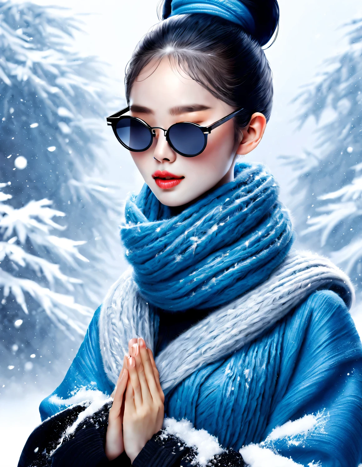 (Modern art fashion character design), Very unified CG, (Half-length close-up), falling snow background, snowfall,
(a beautiful chinese girl，With a gentle smile，Praying with hands together), (A very exaggerated one、A large royal blue woolen scarf covered half of her face: 1.1), (Wearing black sunglasses，Comb your hair in a bun: 1.2), Harmonious combination of classic and modern, (pink sweater and jacket: 0.65), Girl fair and flawless smooth skin, high nose bridge, Raised pose, sad yet beautiful, slender figure, Exquisite facial features, swirling fog illustration, ink painting, black hair, meatball, Proud, Surrealism, contemporary art photography, action painting illustration, abstract expressionism, Pixar, depth of field, motion blur, backlight, radiation, decline, Head up angle, Sony FE General Manager, ultra high definition, masterpiece, accurate, textured skin, Super details, high detail, high quality, Award-winning, best quality, Level, 16k, Photographed from a bottom-up perspective, interesting,