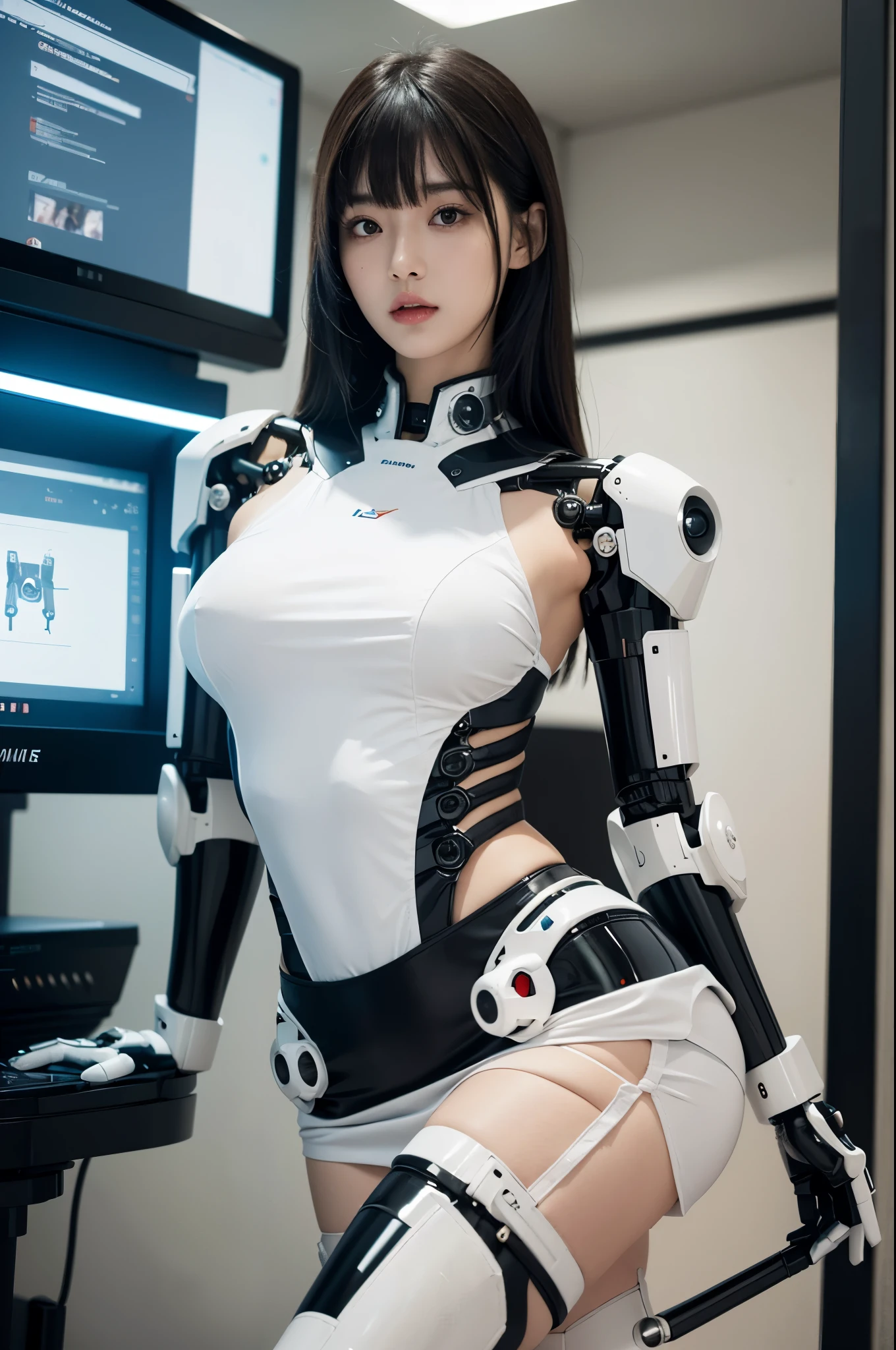 masterpiece, best quality, extremely detailed, (8K, 4K, Best Quality, hight resolution, 超A high resolution:1.1), (masutepiece, Realistic, Photorealsitic:1.1),8k portrait, Japaese android Girl,Plump , announcer,control panels,android,Droid,Mechanical Hand, Robot arms and legs, Black Robot Parts,Black hair,Mechanical body,Blunt bangs,perfect mechanical abdomen,White robotics parts,perfect robot woman,future laboratory,cyber pank,charging spot,laboratory,long tube,thick cable connected her neck,ceramic body ,perfect mechanical body, white robot body,mechanical ear cover,android,robot humanoid,black sponge joints,The removable cover is in the groin,The connection port is in the groin,opened chest panel,access panel on the chest,opened breast panel,perfect mechanical breast,white machine body,white robot body,white ceramic breast,perfect plastic breast,She has repaired,assembly plant,miniskirt,pantsuit,business suits,beige pantyhose,flesh color stockings,perfect cyborg girl,