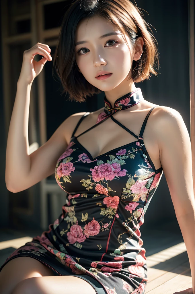 1 girl, (((short hair))), Bright cheongsam, mini dress、(masterpiece, highest quality, law of near and far), beautiful expression, 8K, Raw photo, nfsw, Photoreal, film grain, chromatic aberration, High resolution, super detailed, finely, dynamic lighting, dramatic lighting、shadowy、highly detailed eyes and face、