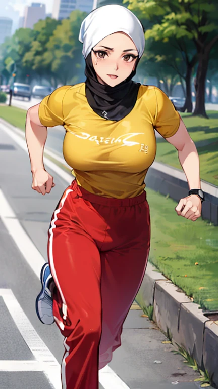 Photo of a mature malay female with saggy breasts (((running))) inside (public park), 40yo, busty body, tall body, (tanned skin), dimples, light, detailed face, (((short brown hijab ,t-shirt, long track pants)))