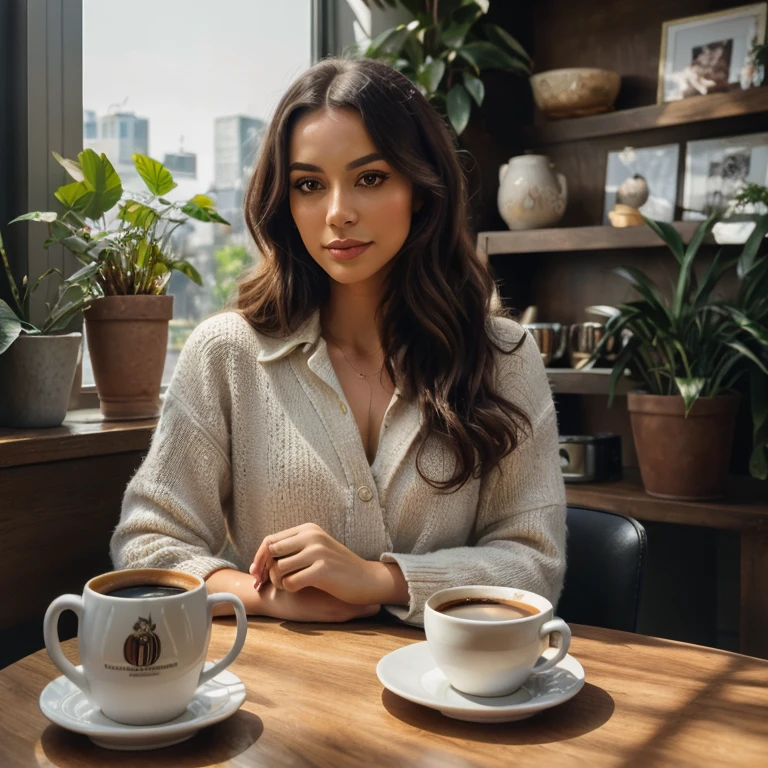 (best quality,4k,8k,highres,masterpiece:1.2),ultra-detailed,(realistic,photorealistic,photo-realistic:1.37),portrait,painting,coffee shop,woman,sitting at a table,posing for photo,stylish,holding a cup of coffee,wearing a trendy outfit,glamorous makeup,beautiful eyes,dark hair styled in loose waves,vibrant colors,soft natural lighting,bokeh,cozy atmosphere,wooden table,floral patterned tablecloth,artistic coffee cup,morning sunlight streaming through the window,soft shadows,bookshelf filled with vintage books,barista in the background espresso machine,hanging plants,artistic wall decor,coffee aroma filling the air,relaxing music playing in the background,bokeh lights in the distance,Instagram-worthy moment,city outside the window,quiet and peaceful ambiance,stylish and modern interior design