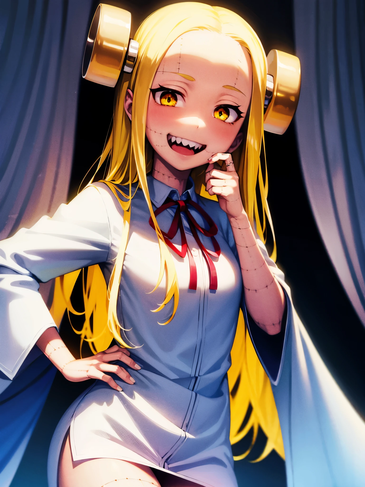 Fran,young woman,white robe ,costs,((He looks with disgust)),angry, long hair , yellow hair,seams , Scars on the body , (A creepy look) , scary eyes,sharp teeth ,(((creepy smile)))
