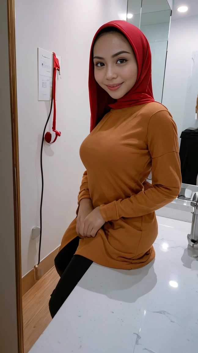((Best quality, 8k, Masterpiece :1.3)), 1 Indonesian girl, beautiful woman with emphasis on slim abs: 1.3, (humongous breasts: 1.2), latex wear: 1.2, interior, ultra-detailed face, delicate eyes, double eyelids, soft breasts, smile, exposed cleavage