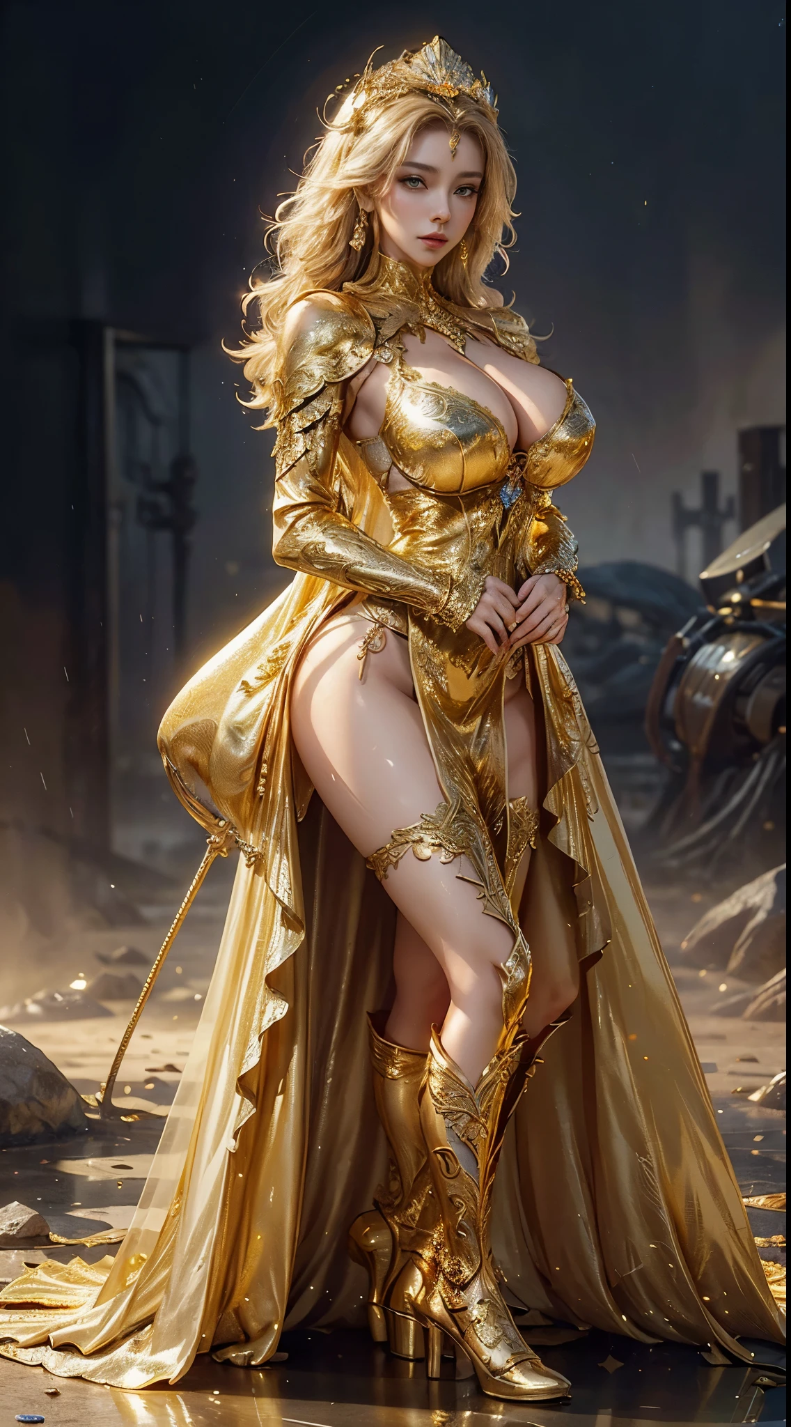 Woman in a golden transparent dress, (((Huge breasts, Large cleavage))),Slim waist,True Art Station, Rainstorm site, detailed fantasy art, Stunning character art, Beautiful and exquisite character art, Beautiful golden armor, Extremely detailed, Girl in shiny armor, Exquisite headdresses and jewelry, Full body capture,