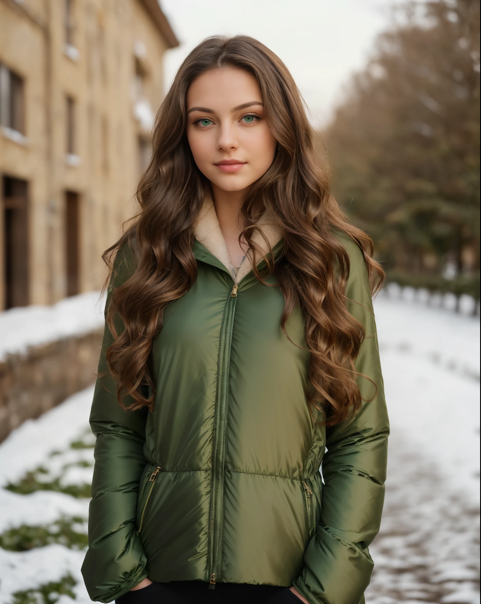 (masterpiece), (best quality), (RAW), (16k), (photo), (photorealistic), (ultra realistic), (high detail), (focus, HDR camera, (hight resolution), ISO 100, f/2.8, 85mm, 1/125s, instagram photo, dynamic pose ((only one young woman), (19 years old)), (high skin detail), (brunette, wavy hair, brown hair, (long hair), ((green eyes)), (high skin detail), ((brunette, wavy hair, brown hair)), (((happy))), (standing), (full body), with elegant (black winter clothes) , hard shadows.