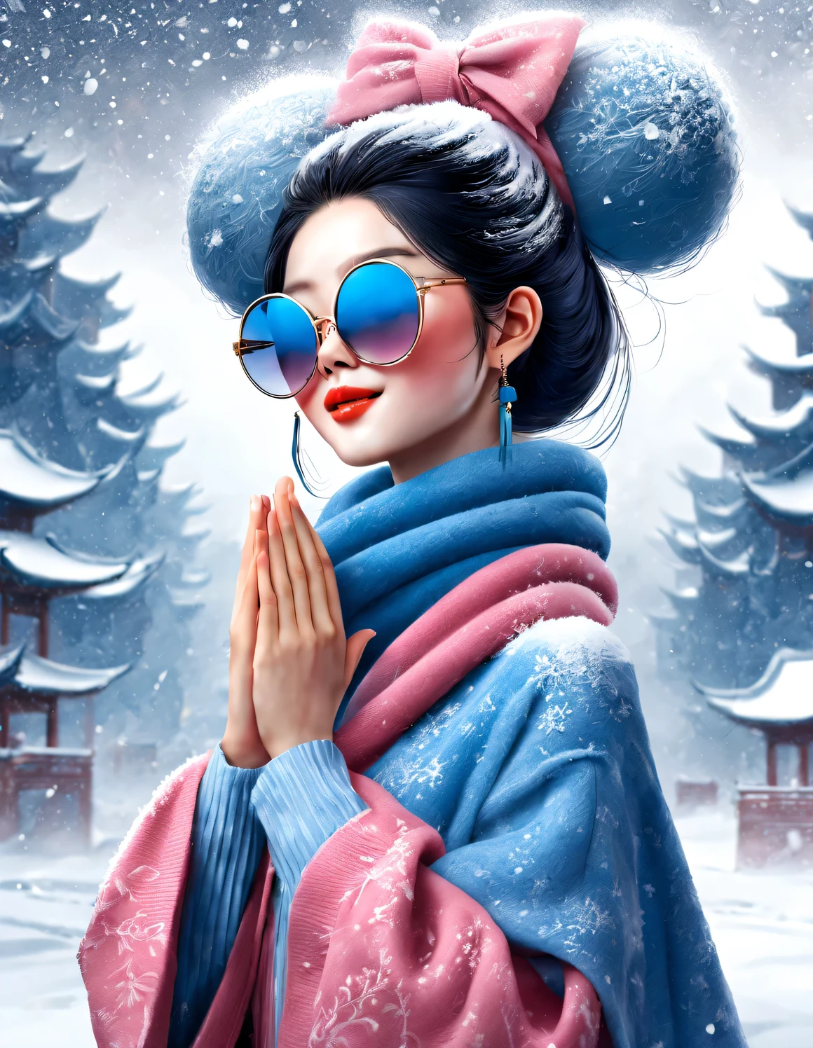 (Modern art fashion character design), Very unified CG, (Half-length close-up), falling snow background, snowfall,
(a beautiful chinese girl，With a gentle smile，Praying with hands together), (A very exaggerated one、A large royal blue woolen scarf covered half of her face: 1.1), (Wearing large sunglasses，Comb your hair in a bun: 1.2), Harmonious combination of classic and modern, (pink sweater jacket: 1.1), Girl fair and flawless smooth skin, high nose bridge, Head up posture, sad yet beautiful, slender figure, Exquisite facial features, swirling fog illustration, ink painting, black hair, meatball, Proud, Surrealism, contemporary art photography, action painting illustration, abstract expressionism, Pixar, depth of field, motion blur, backlight, radiation, decline, Head up angle, Sony FE General Manager, ultra high definition, masterpiece, accurate, textured skin, Super details, high detail, high quality, Award-winning, best quality, Level, 16k, Photographed from a bottom-up perspective, interesting,