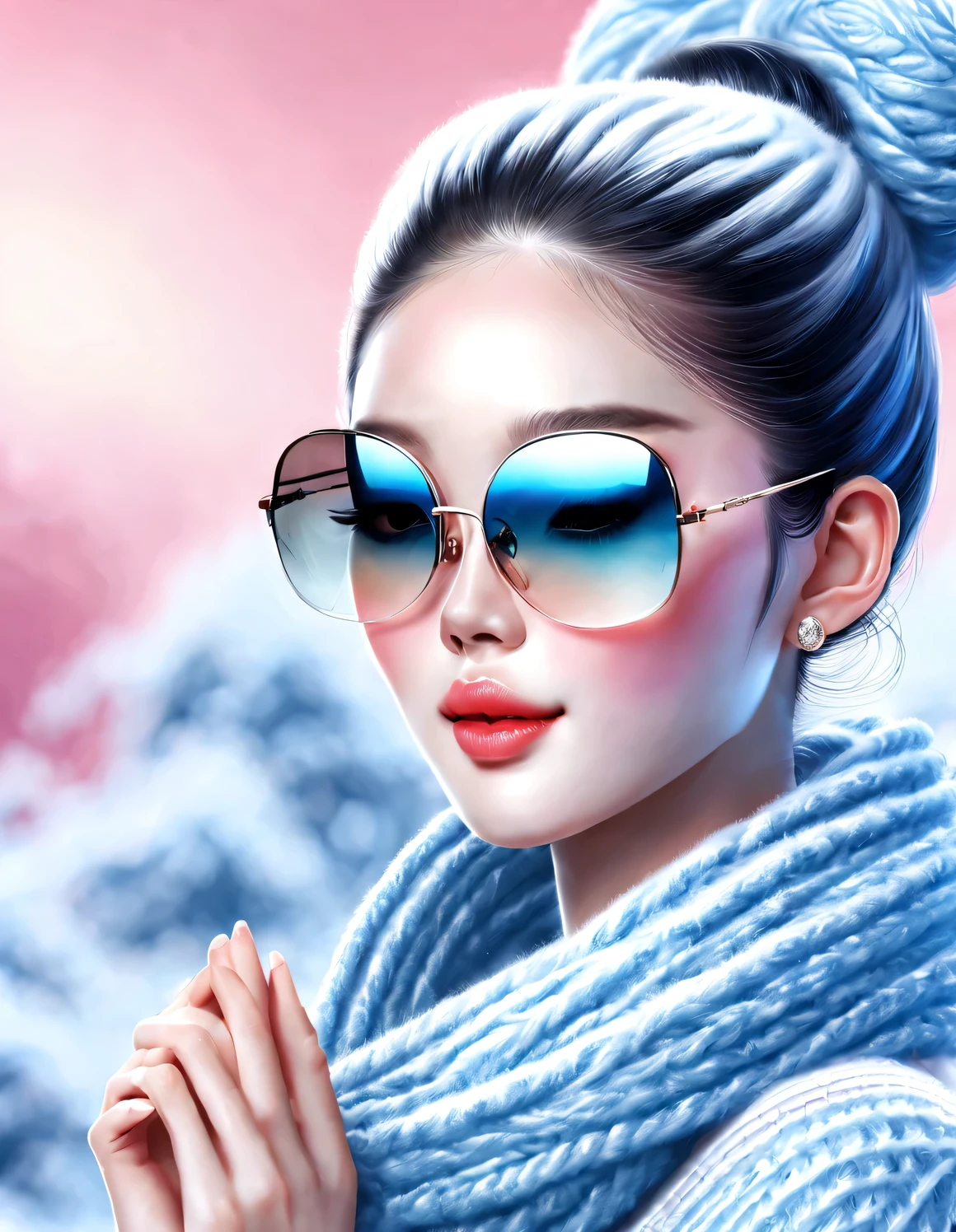 (Modern art fashion character design), Very unified CG, (Half-length close-up), falling snow background, snowfall,
(a beautiful chinese girl,With a gentle smile,Praying with hands together), (A very exaggerated one、A large royal blue woolen scarf covered half of her face: 1.1), (Wearing large sunglasses,Comb your hair in a bun: 1.2), Harmonious combination of classic and modern, (pink sweater jacket: 1.1), Girl fair and flawless smooth skin, high nose bridge, Head up posture, sad yet beautiful, slender figure, Exquisite facial features, swirling fog illustration, ink painting, black hair, meatball, Proud, Surrealism, contemporary art photography, action painting illustration, abstract expressionism, Pixar, depth of field, motion blur, backlight, radiation, decline, Head up angle, Sony FE General Manager, ultra high definition, masterpiece, accurate, textured skin, Super details, high detail, high quality, Award-winning, best quality, Level, 16k, Photographed from a bottom-up perspective, interesting,