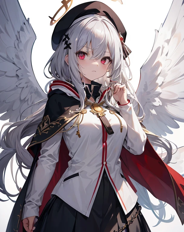 masterpiece,1girl, sparrow, a silver haired girl, wearing a priestess uniform, curly long hair, messy hair, black skirt, red capelet with hoody, slim body, she have a schyte, medium breasts, she close her left eye, shirt ornament, lolippai, white beret, angry face, beautiful breasts, rounded breasts, crimson eyes, break halo, huge angelic wings, angelic halo