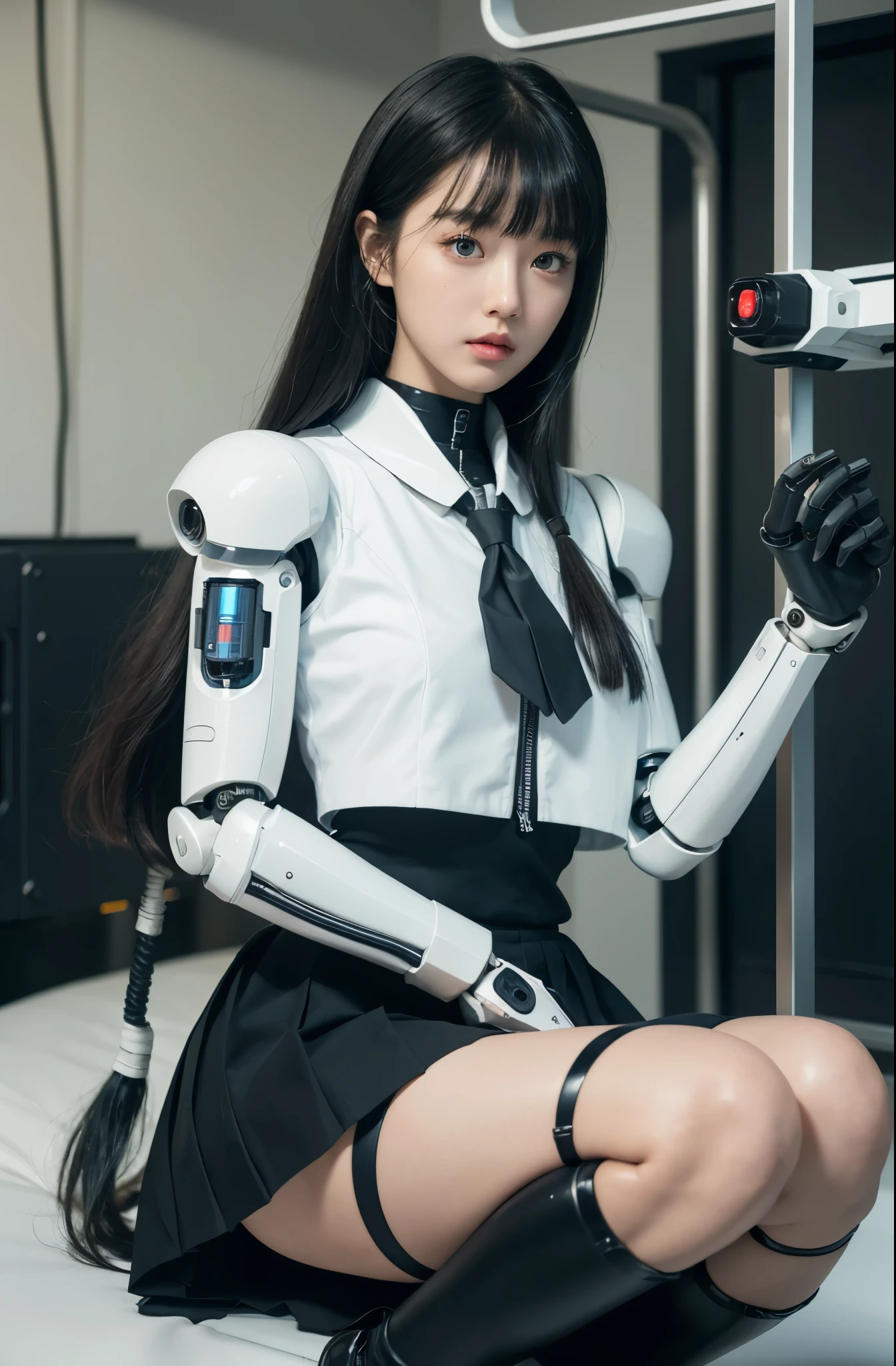 masutepiece, Best Quality, Extremely detailed, (Photorealistic:1.4),(Raw photo) (8K, 4K, Best Quality, hight resolution, 超A high resolution:1.1), (masutepiece, Realistic, Photorealsitic:1.1), 1girl in, Japaese Cyborg highschool Girl,Plump ,Navy Pleated Mini Skirt,Black tights,control panels,android,Droid,Mechanical Hand, ,Robot arms and legs, Black Robot Parts,Black hair,Mechanical body,Blunt bangs,White abdomen,White Robotics Parts,perfect robot woman,The laboratory of the future,cyberpunked,Charging spot,android factory,Robot Factory,cyborg factory,Long Tube,A thick cable connects her neck,ceramic body ,complete eyes,Striking eyes,Mechanical body,android,robot humanoid,japanese school girl uniform,tie,perfect robot girl