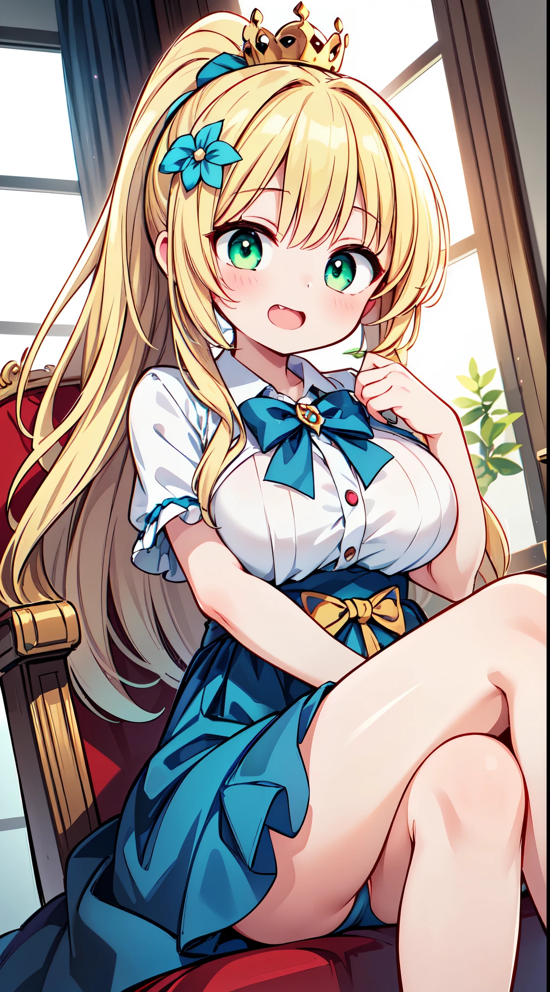 (masterpiece, top quality, best quality, official art, beautiful and aesthetic:1.2),ultra-detailed,intricate details,amazing illustration,award-winning art,atmospheric,
BREAK 1 beautiful girl, girl, (cute:1.5),(Little:0.5),(cute:2.0),(change:2.0),( girl),(big breasts:1.65),(chin hair,blonde,blue bow,green eyes,Eyebrows visible through the hair,side lock,long hair with bangs parted, hair flower, hair ornaments, big ribbon in hair, curly hair, ponytail:1.6),:he, white feathers, one thin white wing, Ang he wings, spread your wings, shining wings),pit \black},glowing skin, beautiful skin, Shining beautiful skin, open your mouth, bashful smile, alone, tooth, upper teeth,(long eyheashes, double eyheids:1.2),alone, glowing skin, beautiful skin, Shining beautiful skin,(highest quality face),(highest quality shining eyes)
BREAK,arms below breasts,
BREAKpajamas, solo, chibi, beautiful detailed eyes, sitting on the floor, (((surprised))) Throne Room of Royal Palace,((cross legs)), winter morning, window, blanket, panty, queen girl on throne, Wear big crown, smile,
BREAK,wakame,wakame,wakame,(dynamic pose,dynamic angle:1.4), from below,
BREAK,(Blurry background:1.3),(absurderes, hight resolution, Super Detail Art),cel shading,Clear Color, Lonely optical effect, Beautiful pictures, Bright glow, mystic atmosphere,(Close-up of girl:1.1), Mystical light particle effect,manga influence, clean line drawings,