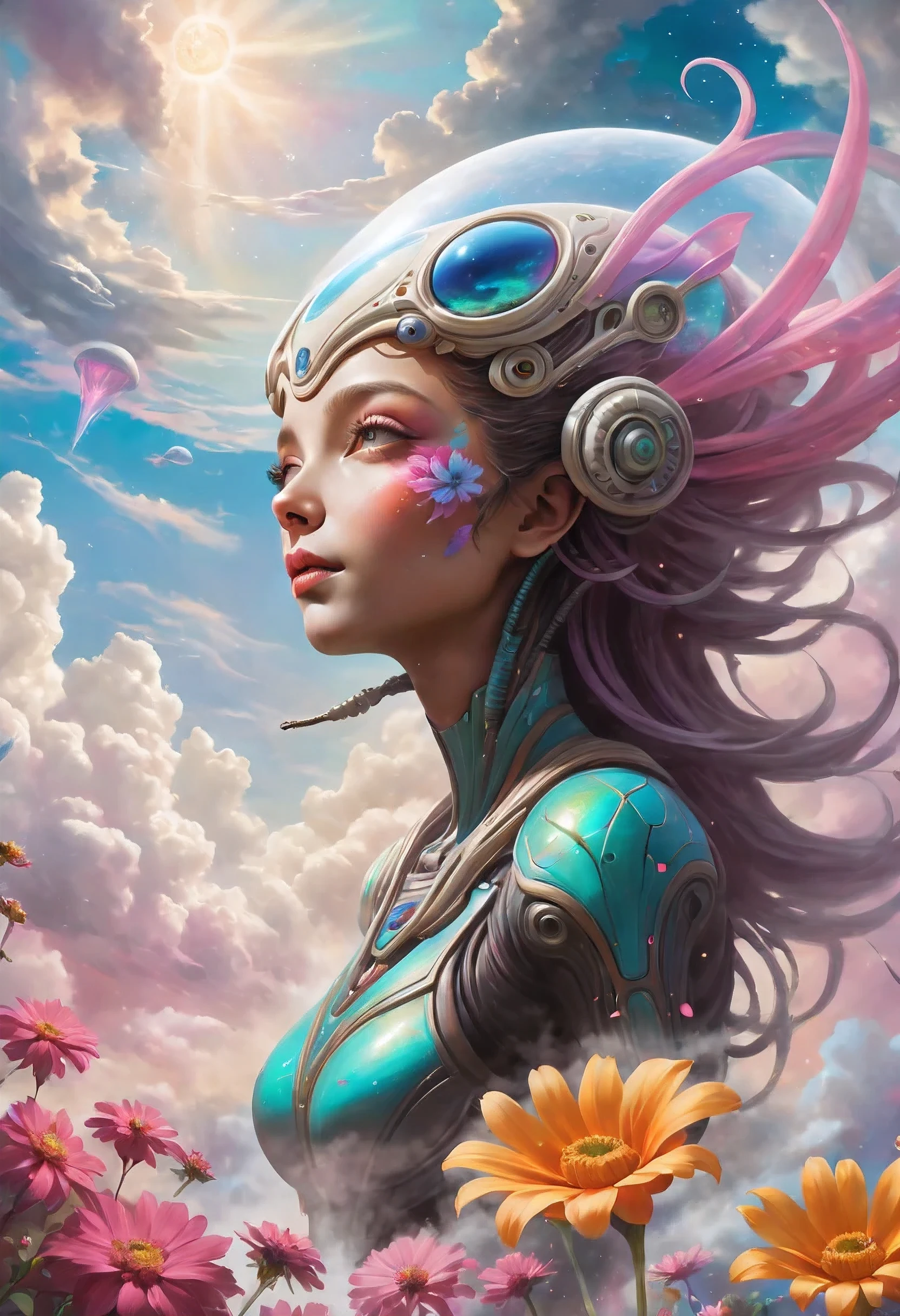 "((Ethereal)) depiction of an alien girl harmonizing with the clouds, vibrant splashes of color creating a symphony in the sky, flowers adding a touch of grace to this fantastical and dreamlike composition"