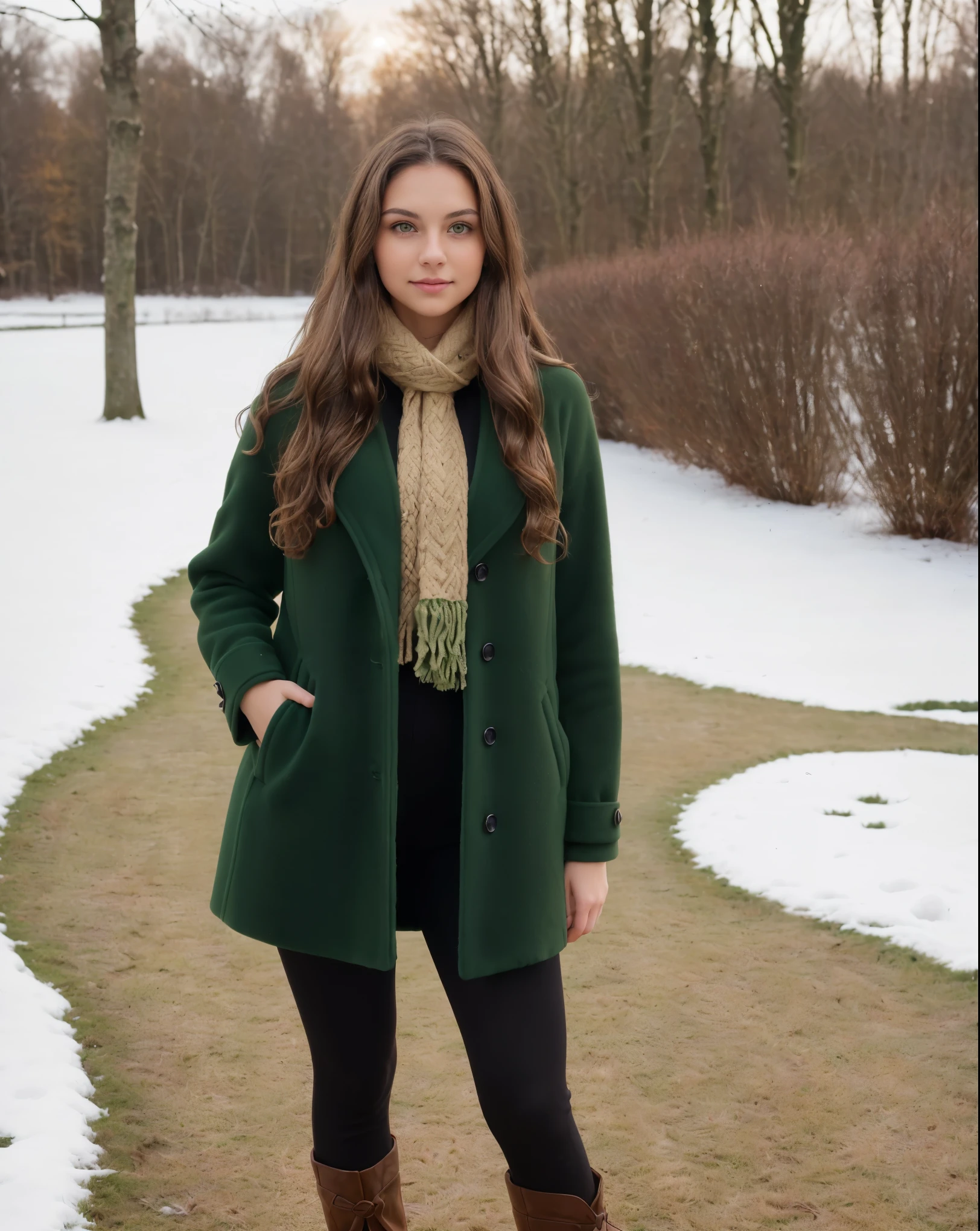 (masterpiece), (best quality), (RAW), (16k), (photo), (photorealistic), (ultra realistic), (high detail), (focus, HDR camera, (hight resolution), ISO 100, f/2.8, 85mm, 1/125s, instagram photo, dynamic pose ((only one young woman), (19 years old)), (high skin detail), (brunette, wavy hair, brown hair, (long hair), ((green eyes)), (high skin detail), ((brunette, wavy hair, brown hair)), (((happy))), (standing), (full body), with elegant (black winter clothes) , hard shadows.