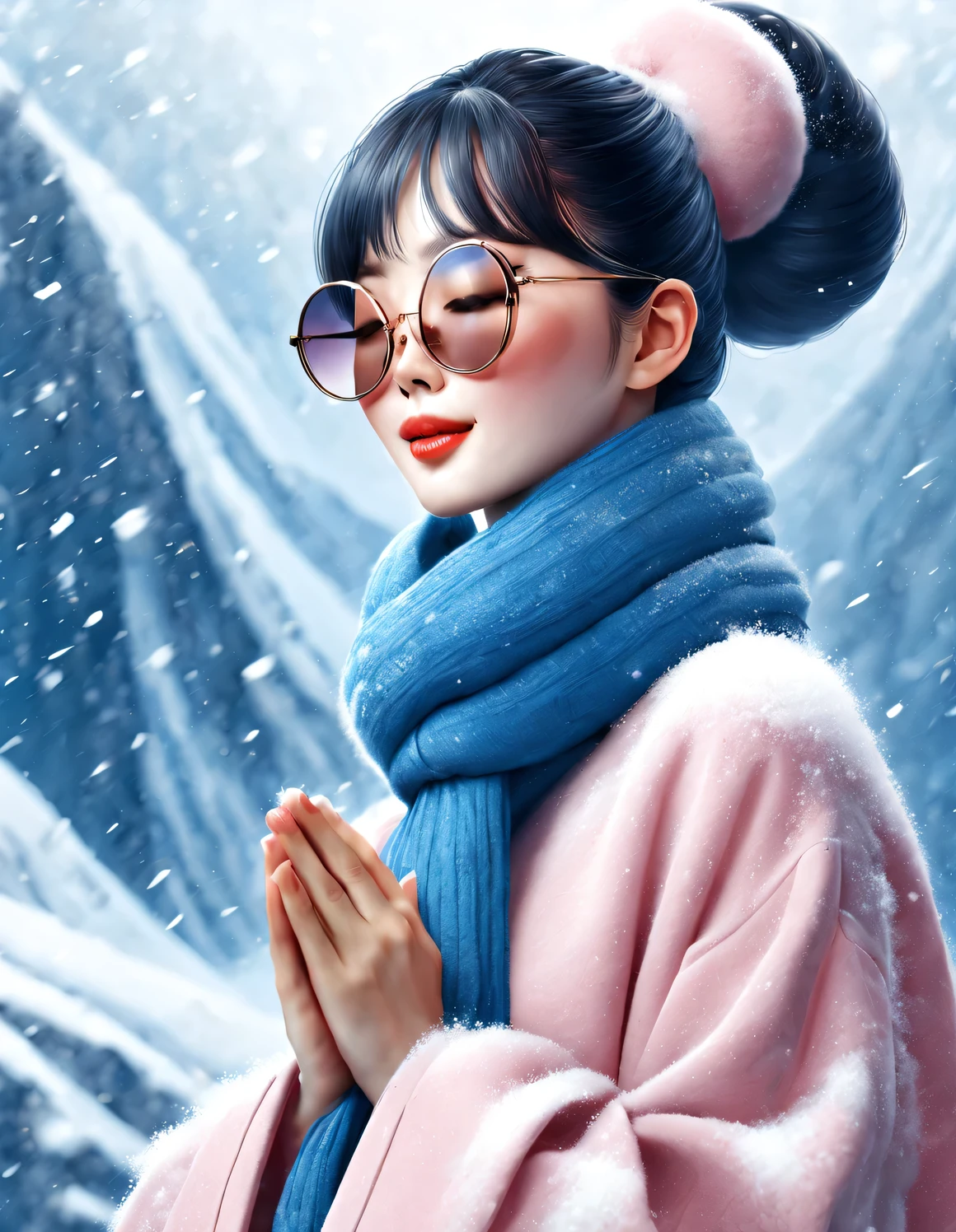 (Modern art fashion character design), Very unified CG, (Half-length close-up), falling snow background, snowfall,
(a beautiful chinese girl，With a gentle smile，Praying with hands together), (A very exaggerated one、A large royal blue woolen scarf covered half of her face: 1.1), (Wearing large sunglasses，Comb your hair in a bun: 1.2), Harmonious combination of classic and modern, (pink sweater jacket: 1.1), Girl fair and flawless smooth skin, high nose bridge, Head up posture, sad yet beautiful, slender figure, Exquisite facial features, swirling fog illustration, ink painting, black hair, meatball, Proud, Surrealism, contemporary art photography, action painting illustration, abstract expressionism, Pixar, depth of field, motion blur, backlight, radiation, decline, Head up angle, Sony FE General Manager, ultra high definition, masterpiece, accurate, textured skin, Super details, high detail, high quality, Award-winning, best quality, Level, 16k, Photographed from a bottom-up perspective, interesting,