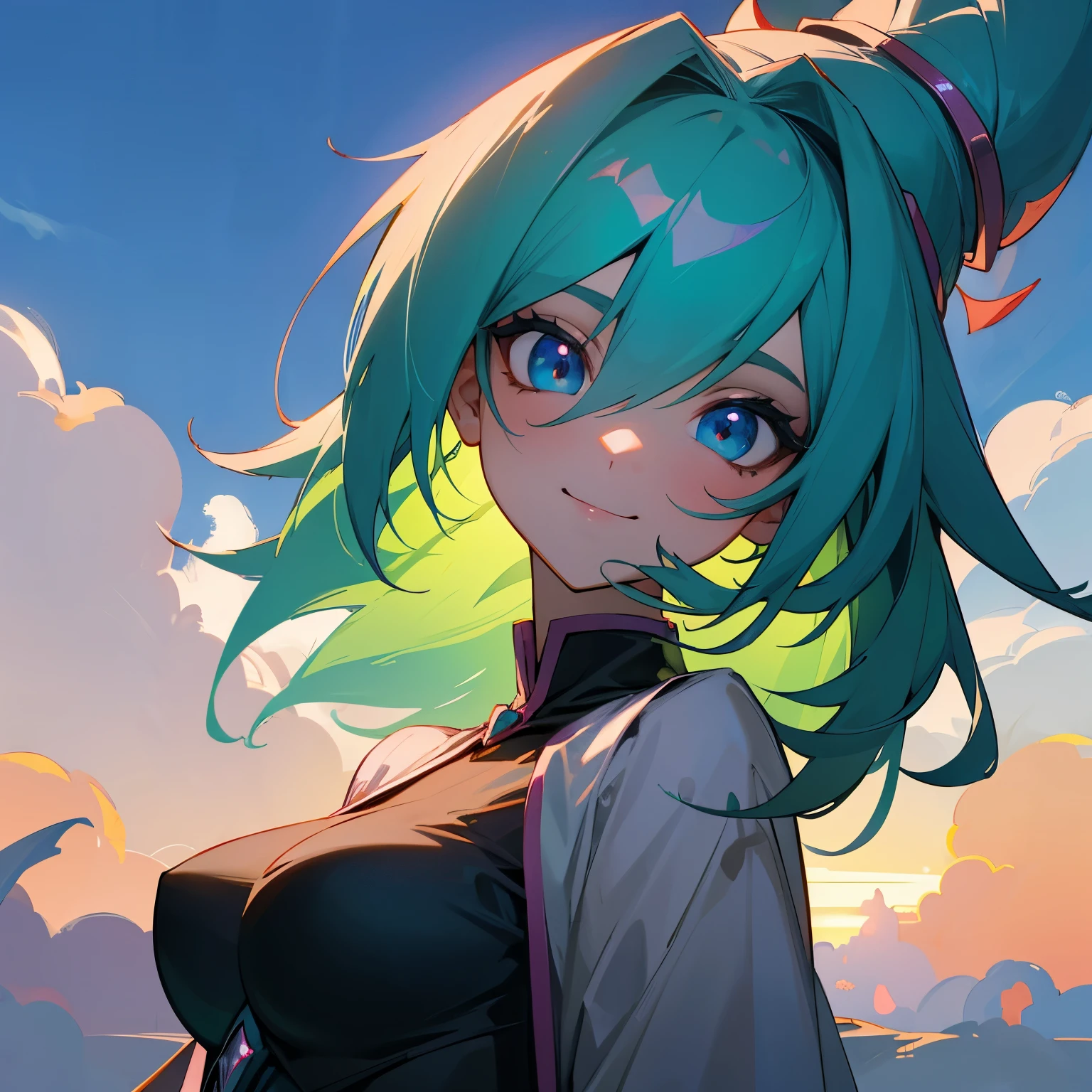 (highly detailed back ground:1.0), (highly detailed back ground:1.0), masterpiece, top-quality, ultra high resolution, 8K, BREAK, Dark Magician Girl, MKSKS style, solo, upper shot, highly-detailed face, smile, BREAK, detailed hair, (1/2 strong blue and 1/2 green hair), BREAK, detailed skin, glowy skin, detailed eyes, blue eyes, burning cheeks, big breasts, BREAK, detailed clothing, (luxurious shirts:1.2), looking at the camera, (magic hour:1.2, on clouds)