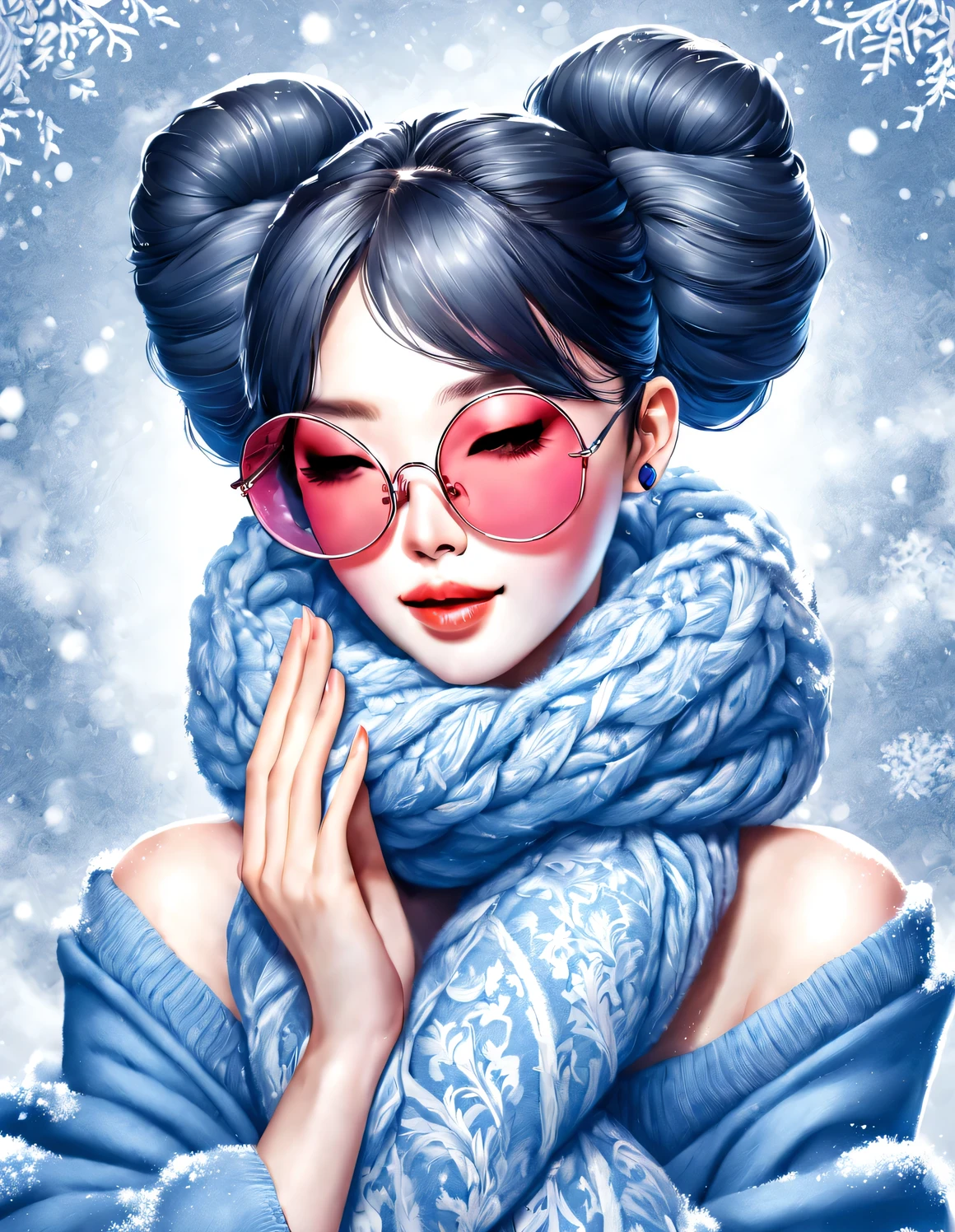 (Modern art fashion character design), Very unified CG, (Half-length close-up), falling snow background, snowfall,
(a beautiful chinese girl，With a gentle smile，Praying with hands together), (A very exaggerated one、A large royal blue woolen scarf covered half of her face: 1.1), (Wearing large sunglasses，Comb your hair in a bun: 1.2), Harmonious combination of classic and modern, (pink sweater jacket: 1.1), Girl fair and flawless smooth skin, high nose bridge, Head up posture, sad yet beautiful, slender figure, Exquisite facial features, swirling fog illustration, ink painting, black hair, meatball, Proud, Surrealism, contemporary art photography, action painting illustration, abstract expressionism, Pixar, depth of field, motion blur, backlight, radiation, decline, Head up angle, Sony FE General Manager, ultra high definition, masterpiece, accurate, textured skin, Super details, high detail, high quality, Award-winning, best quality, Level, 16k, Photographed from a bottom-up perspective, interesting,