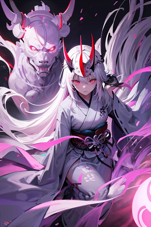 ghost woman, grey kimono, wearing samurai demon helmet, purple clouds, long grey hair, red glowing eyes