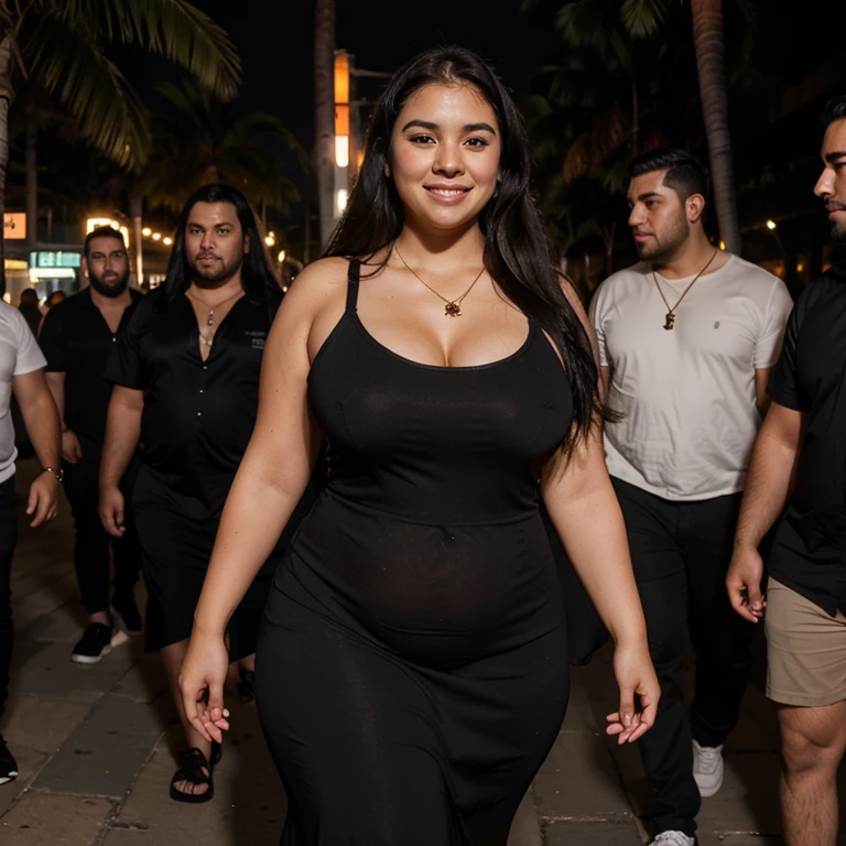 Chubby fat bbw nerdy latina young woman (20 years old), chubby belly, long straight black hair, wearing sexy black dress, Golden necklace, walking in the beach at night,with several tall men, 4 men, in nigth  club, dark lights, smiley expression,view from the side