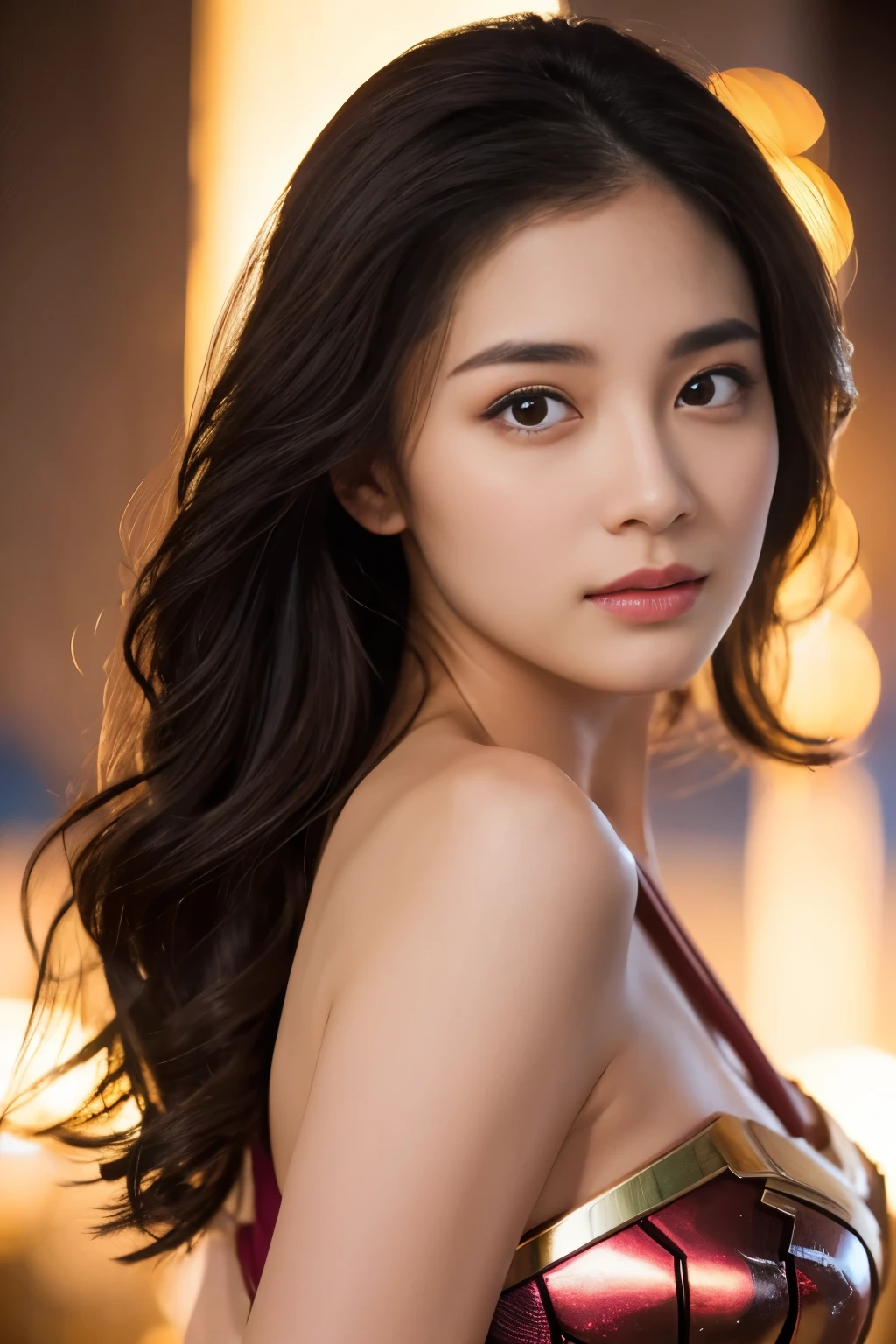 masterpiece、1 beautiful girl、fine eyes、puffy eyes、highest quality, 超High resolution, (reality: 1.4), movie lighting、Japanese、asian beauty、Korean、super beautiful、beautiful skin、body facing forward、close up of face、(超reality的な)、(High resolution)、(8K)、(very detailed)、(美しくfine eyes)、(Super detailed)、 (wall-)、detailed face、bright lighting、professional lighting、looking at the viewer、look straight ahead、slanted bangs、night view、brown hair、Nogizaka idol、korean idol、fiery idol pose、、25 years old、wonder woman cosplay